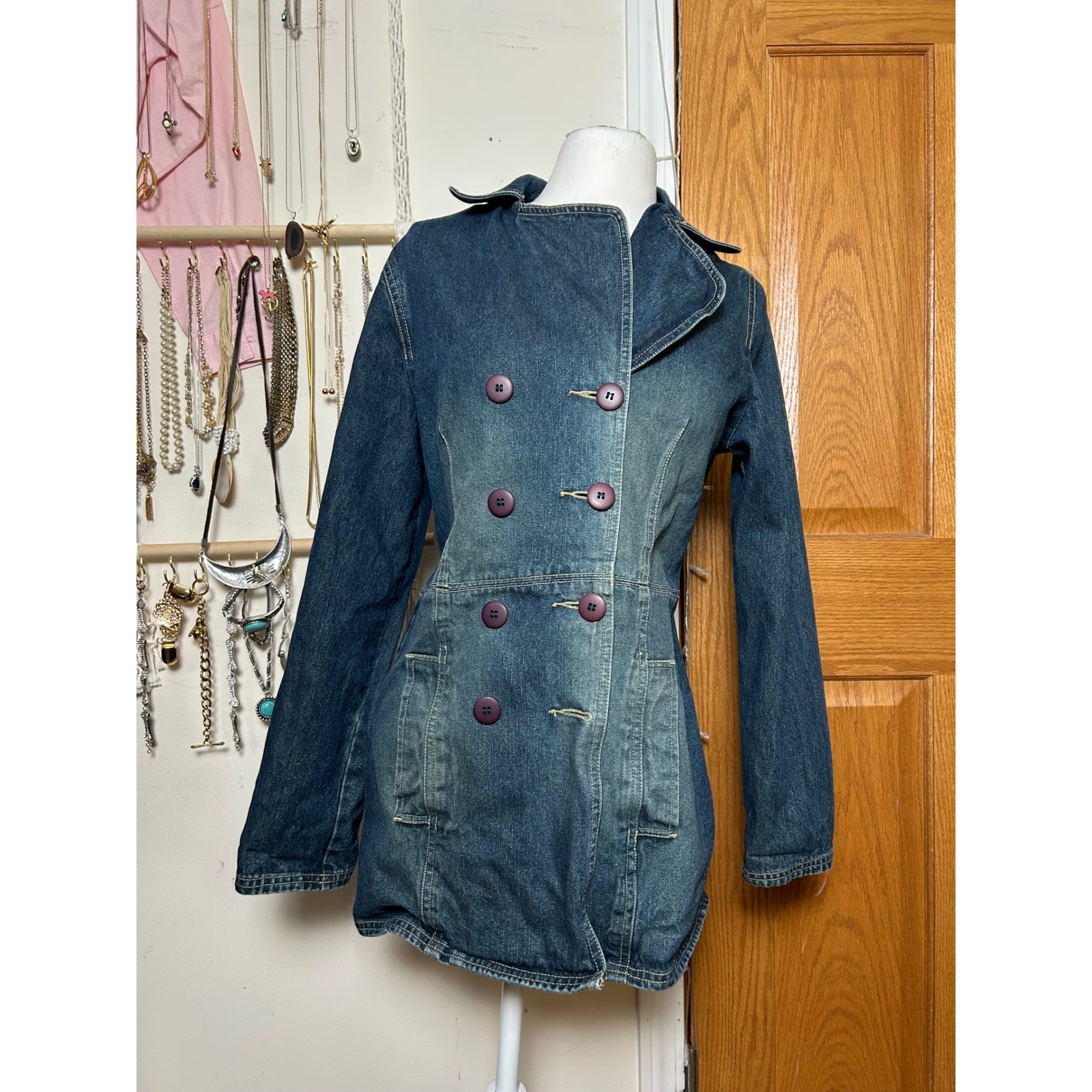 Vintage Womens Preppy Retro Utility Indie Medium Wash Blue Y2K Jacket *READ