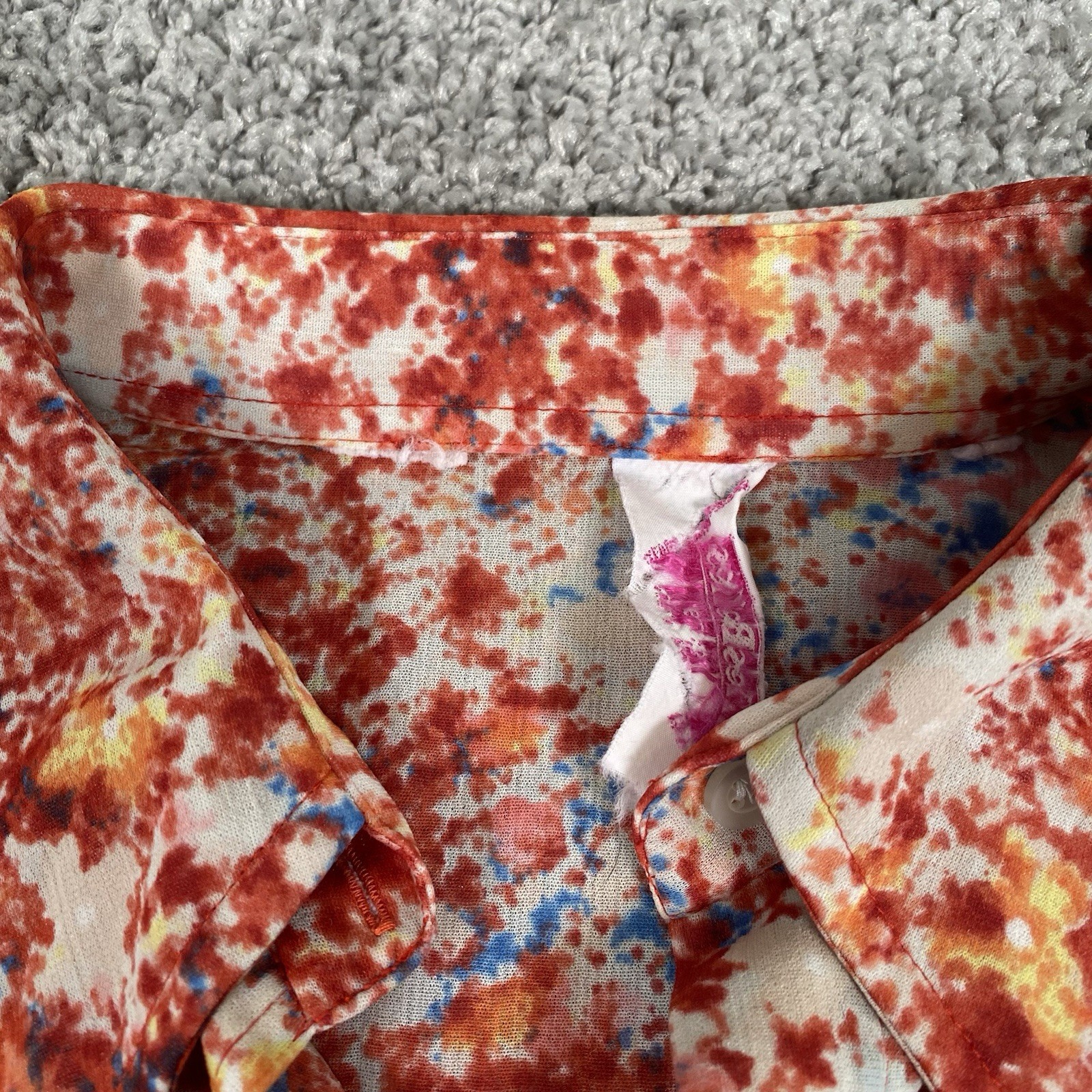 VTG 70’s Sheer Button Up Dagger Collar Shirt Red Disco Floral Secretary Size S/M