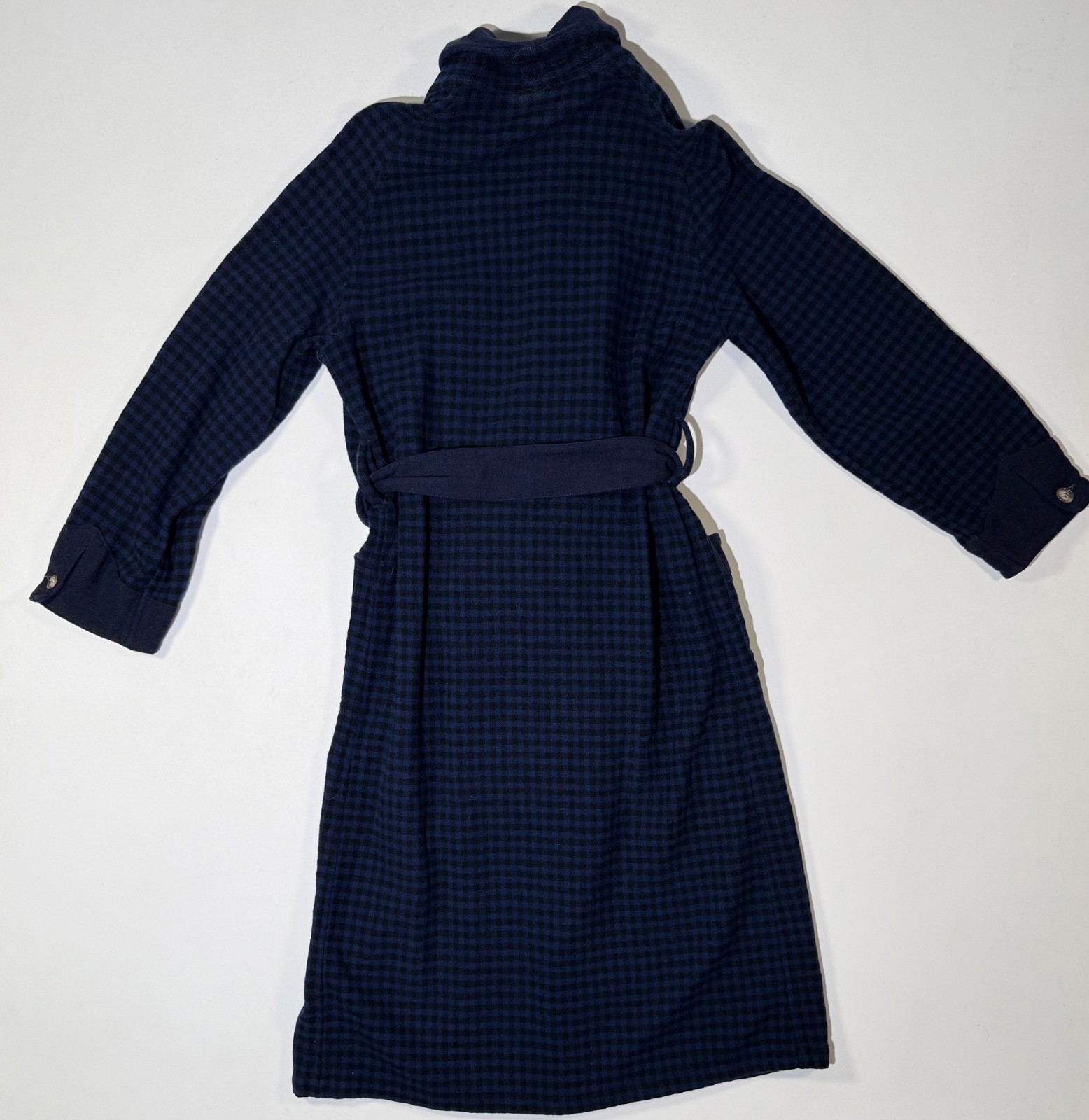 Double-Breasted Navy Blue And Black Gingham Check Wool Robe