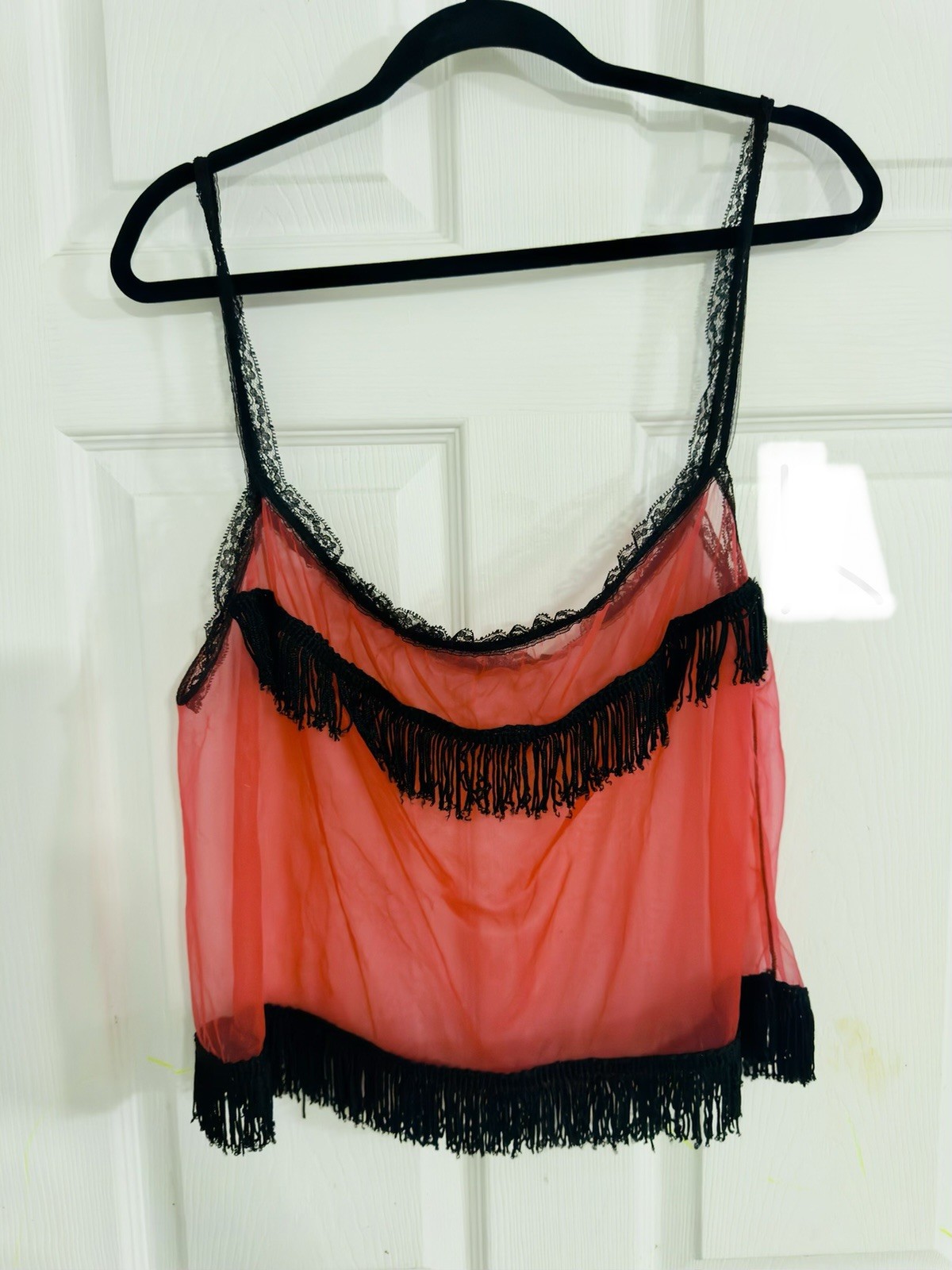 Vintage Red & Black Sheer Crop Top Lingerie With Fringe – elastic is worn out