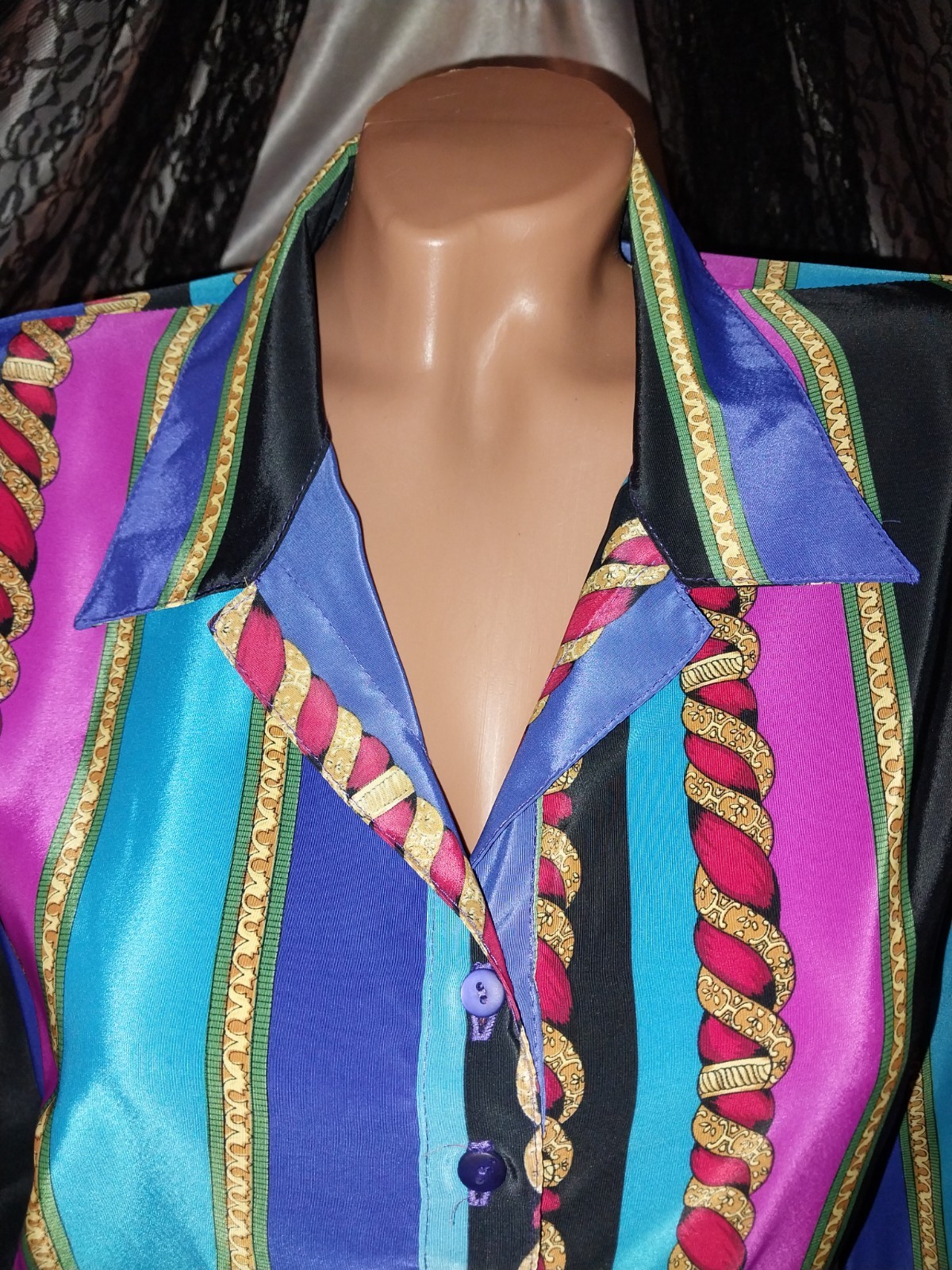 VTG SATIN SHINY VERSACE ESQUE NOTCH COLLAR BLOUSE GOLD ROPES GEO TOP USA 40″ NOS