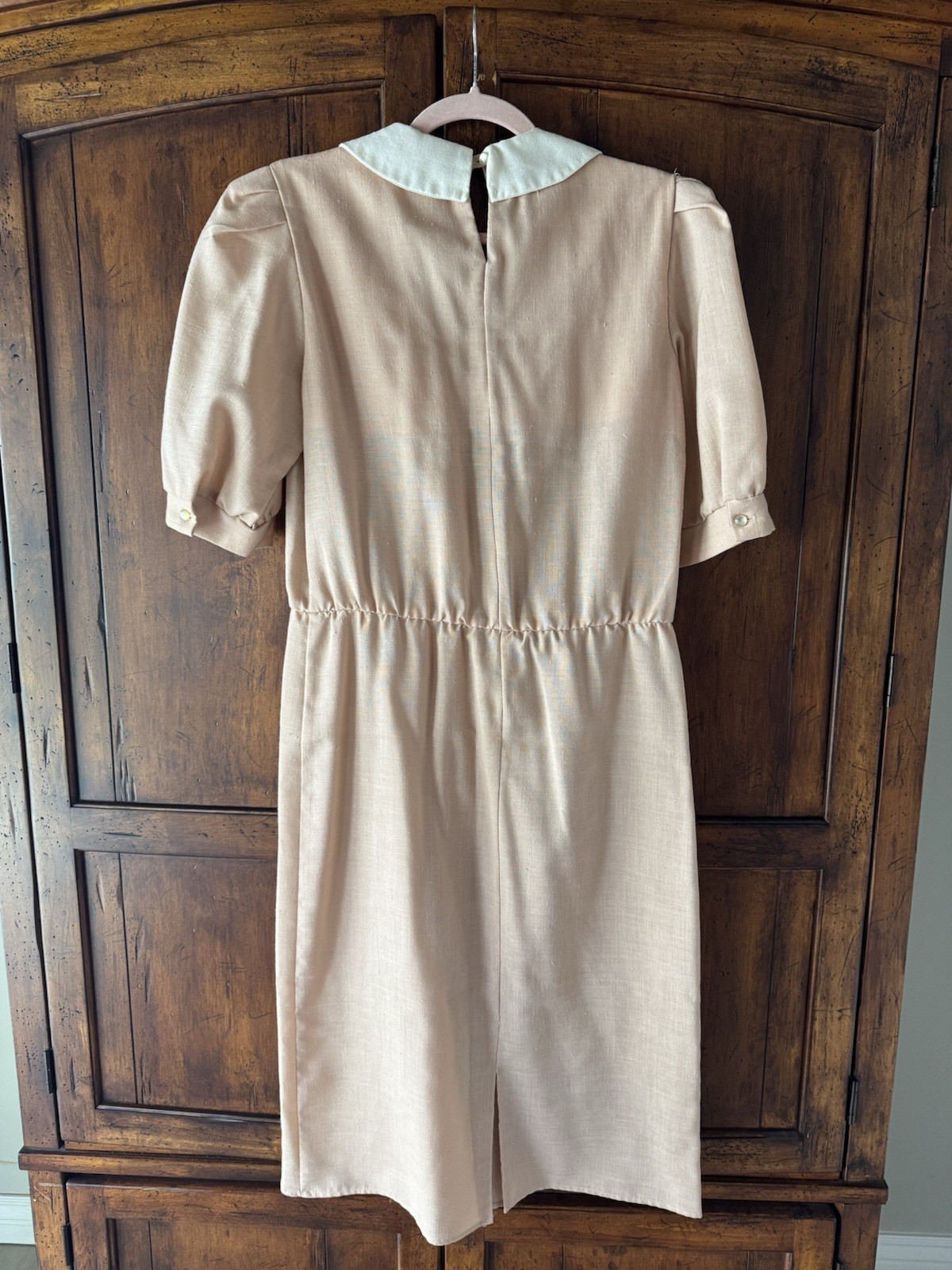 Vintage Avon Fashions Oatmeal Beige Midi Dress White Sailor Collar & Peach Bow