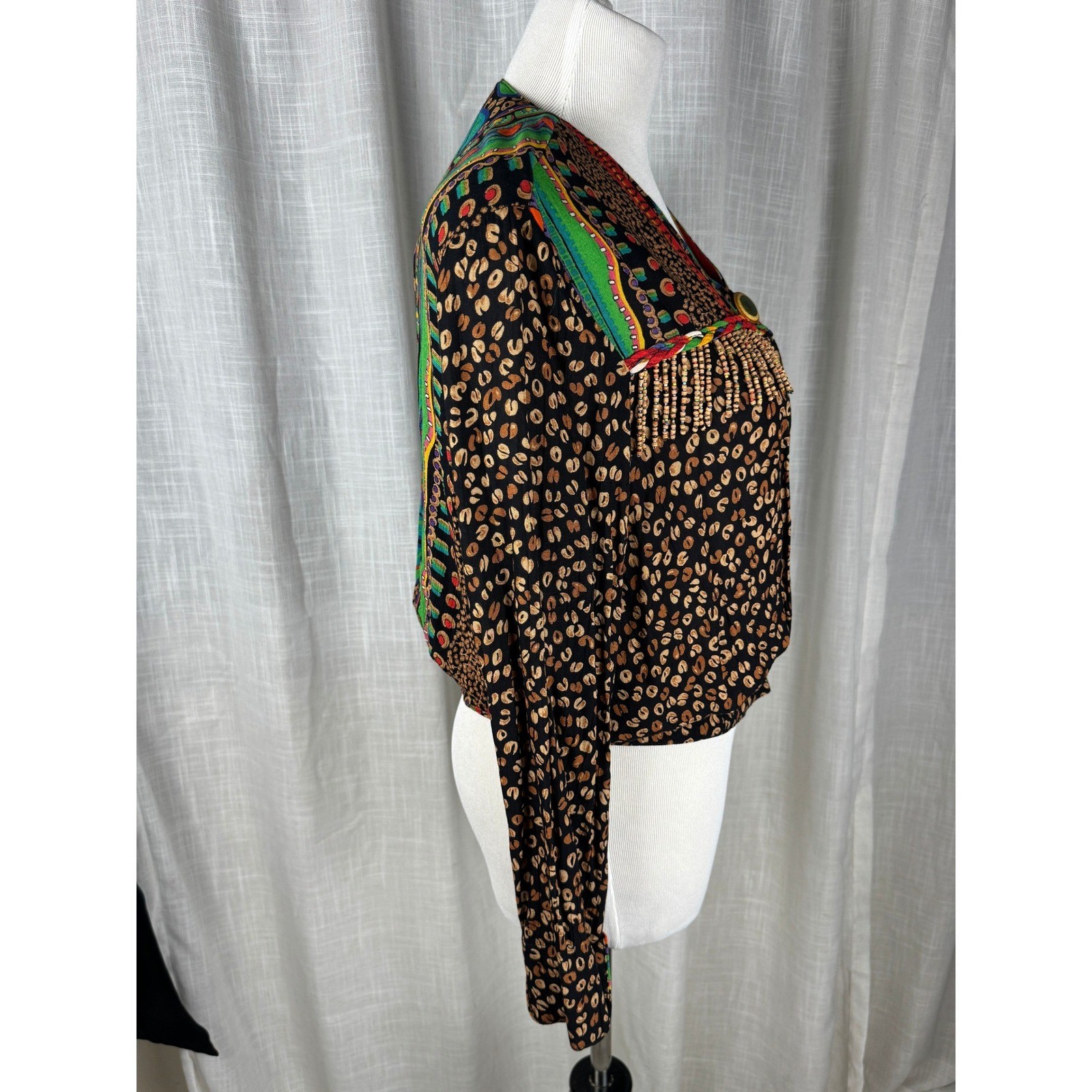 Carole Little Petites Vintage 90s Beaded Leopard Tropical Rayon Gauze Jacket 6