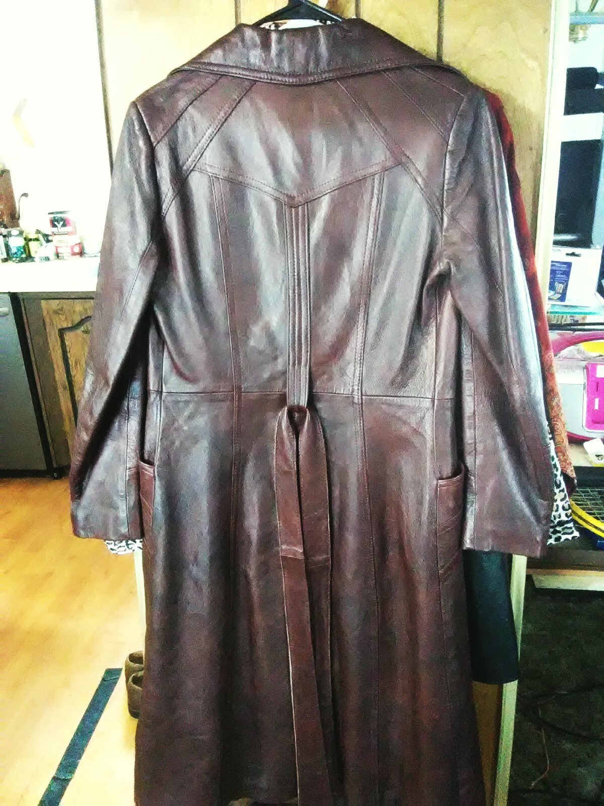 MARQUIS Of LONDON Womens Brown Leather Trench Coat 70s Lady J Wing Collar Vtg
