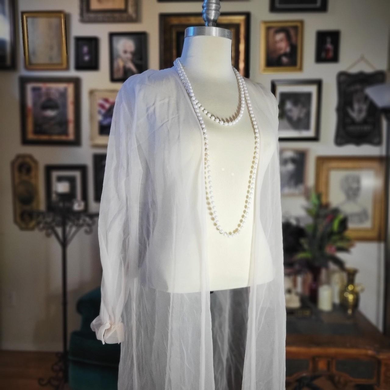 Vintage 80s Sheer White Robe Housecoat Lingerie Duster Open Front Romance Medium