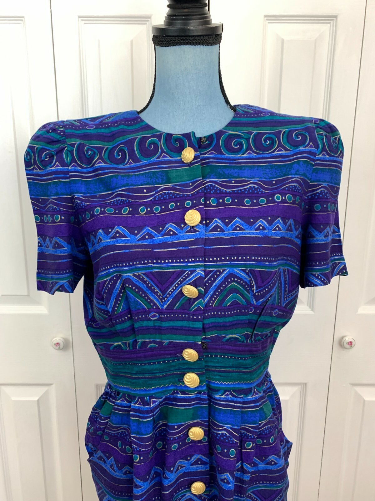 Vintage 1980’s 1990’s Positive Attitude Button Up Blue Purple Green Dress 8 P