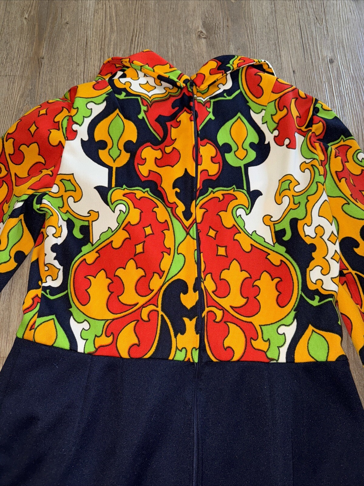 Vintage Groovy 70’s Dress Wide Collar Leslie Fay Knits Mod Baroque Size Medium