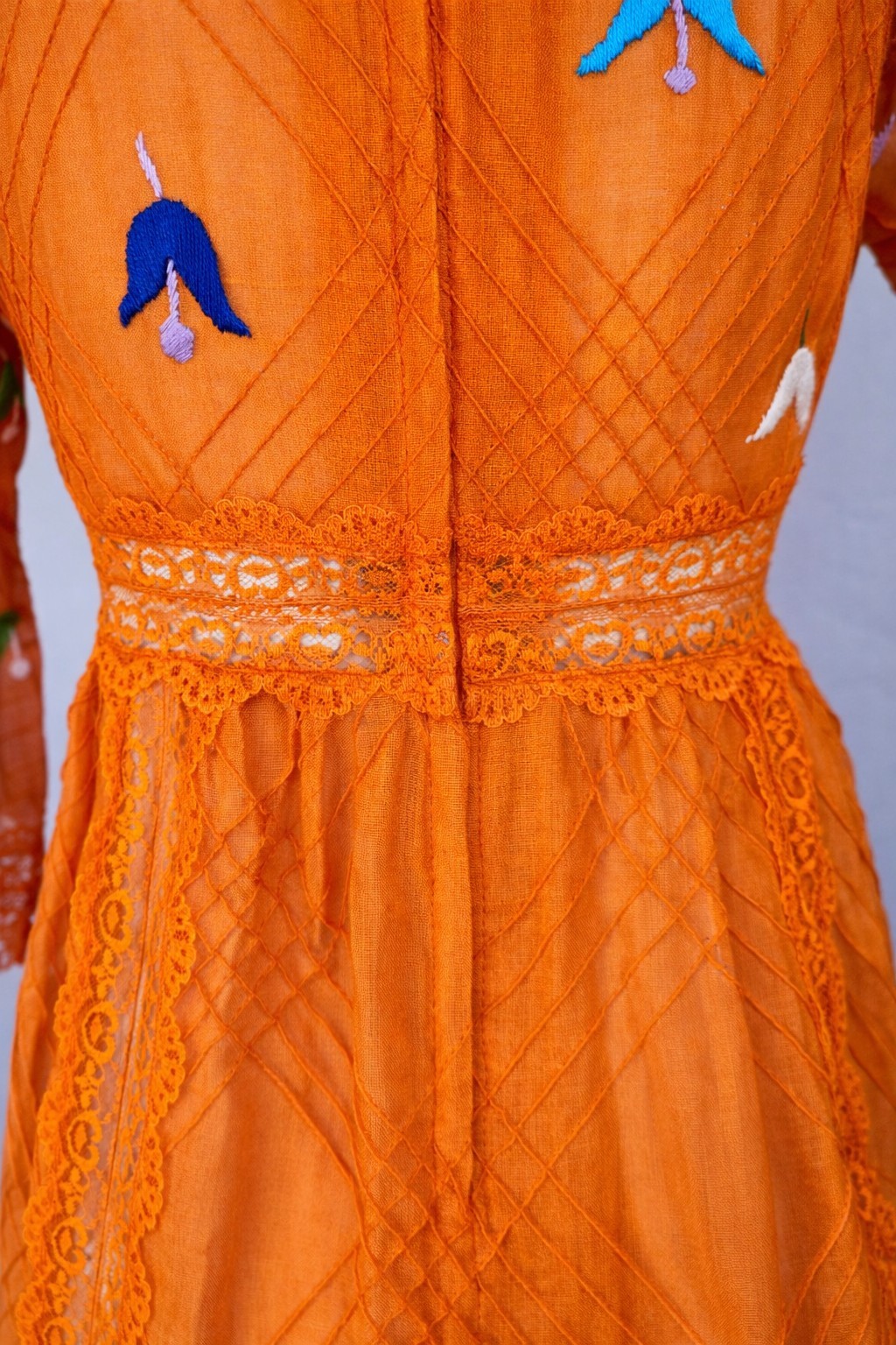 Vintage 70s Orange Embroidered Lace Maxi Dress Boho Bell Sleeve Cottagecore