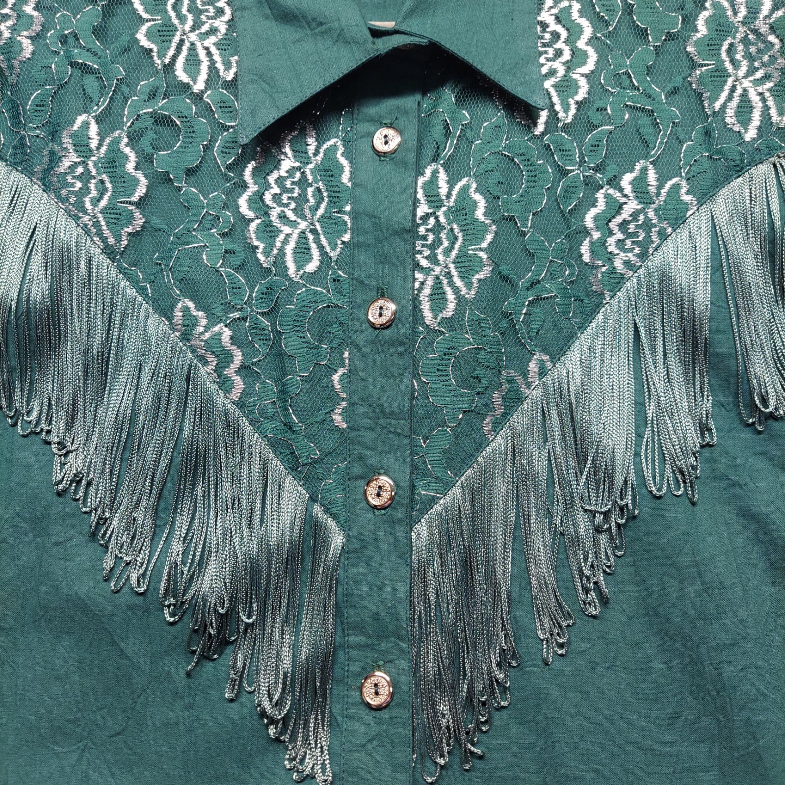 VTG 80’s Lilia Guilty Western Cowgirl Blouse XL Green Metallic Lace Fringe USA