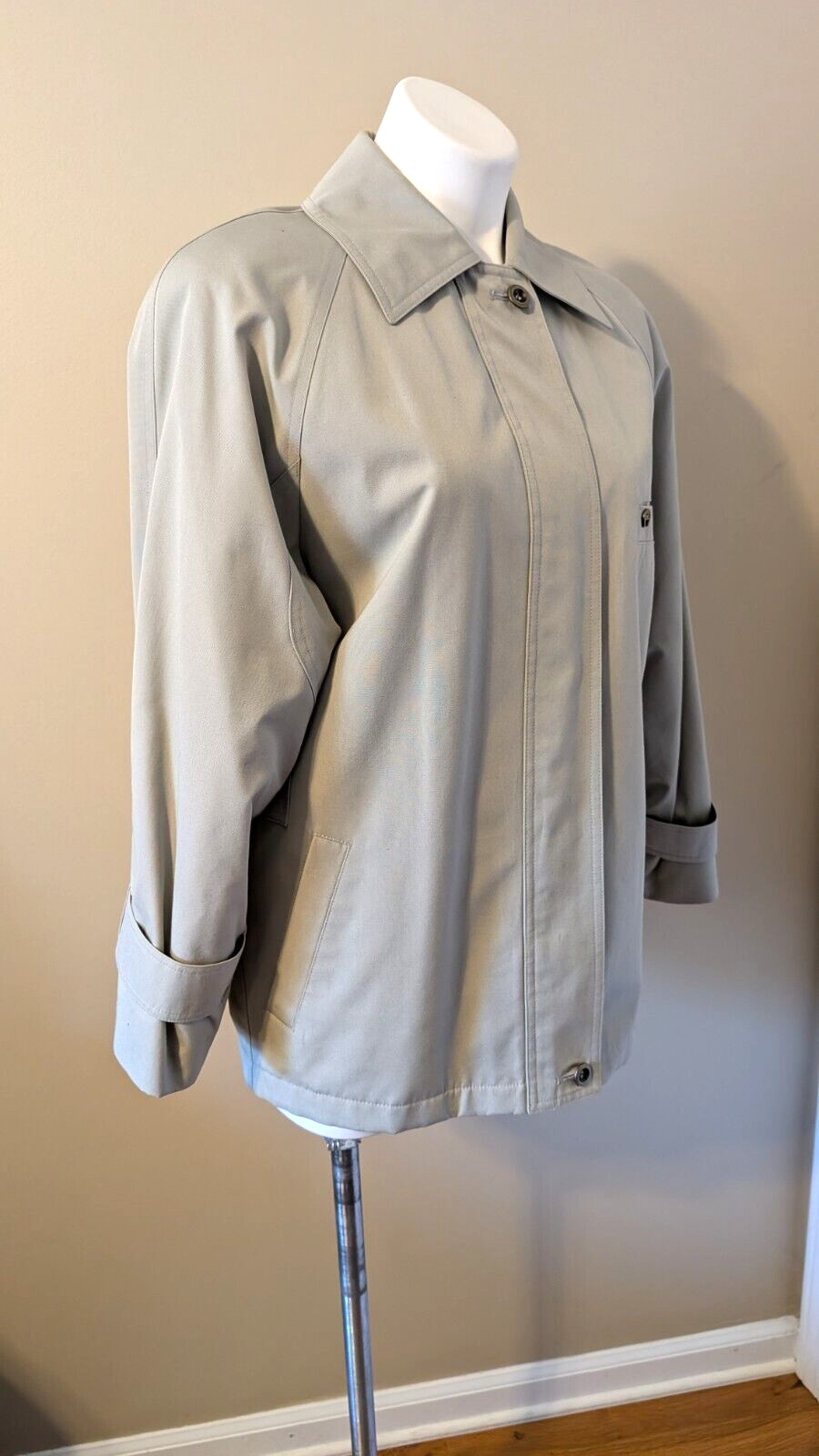 Vtg 80s ETIENNE AIGNER Wool Lined Sage Cotton Blend Zip Jacket Coat Size 6 Reg