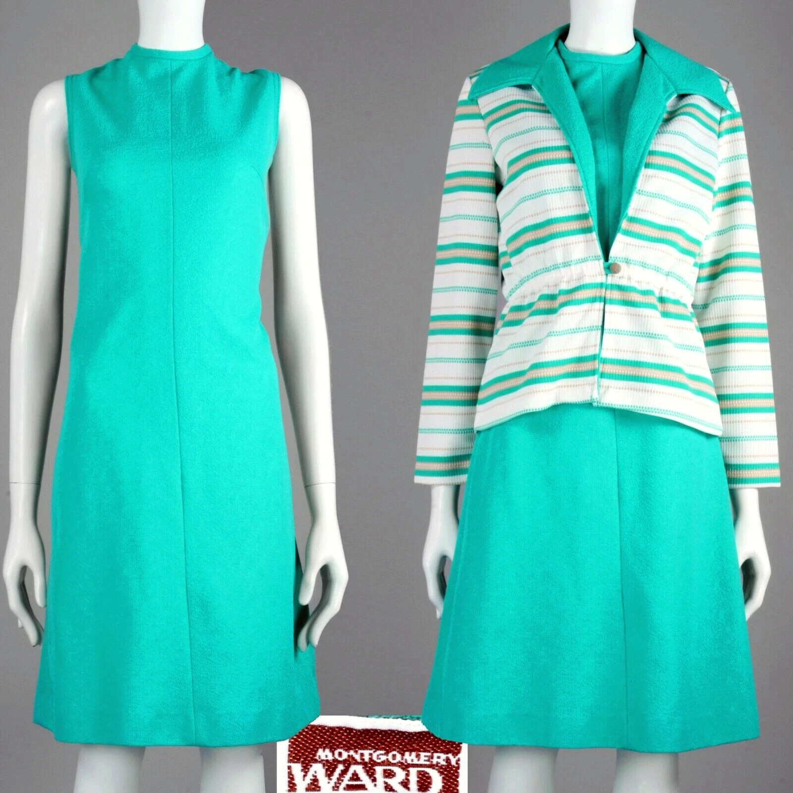 M Vintage 1960s Montgomery Ward Turquoise Dress + Jacket Set Mid Century MCM 60s