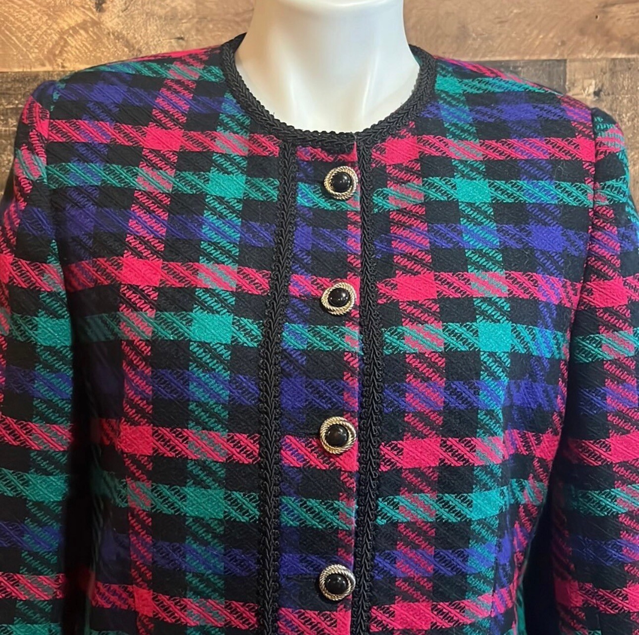 Vintage 90s Funky Colorful Bright Pink Purple Black Teal Plaid Jacket Blazer 8