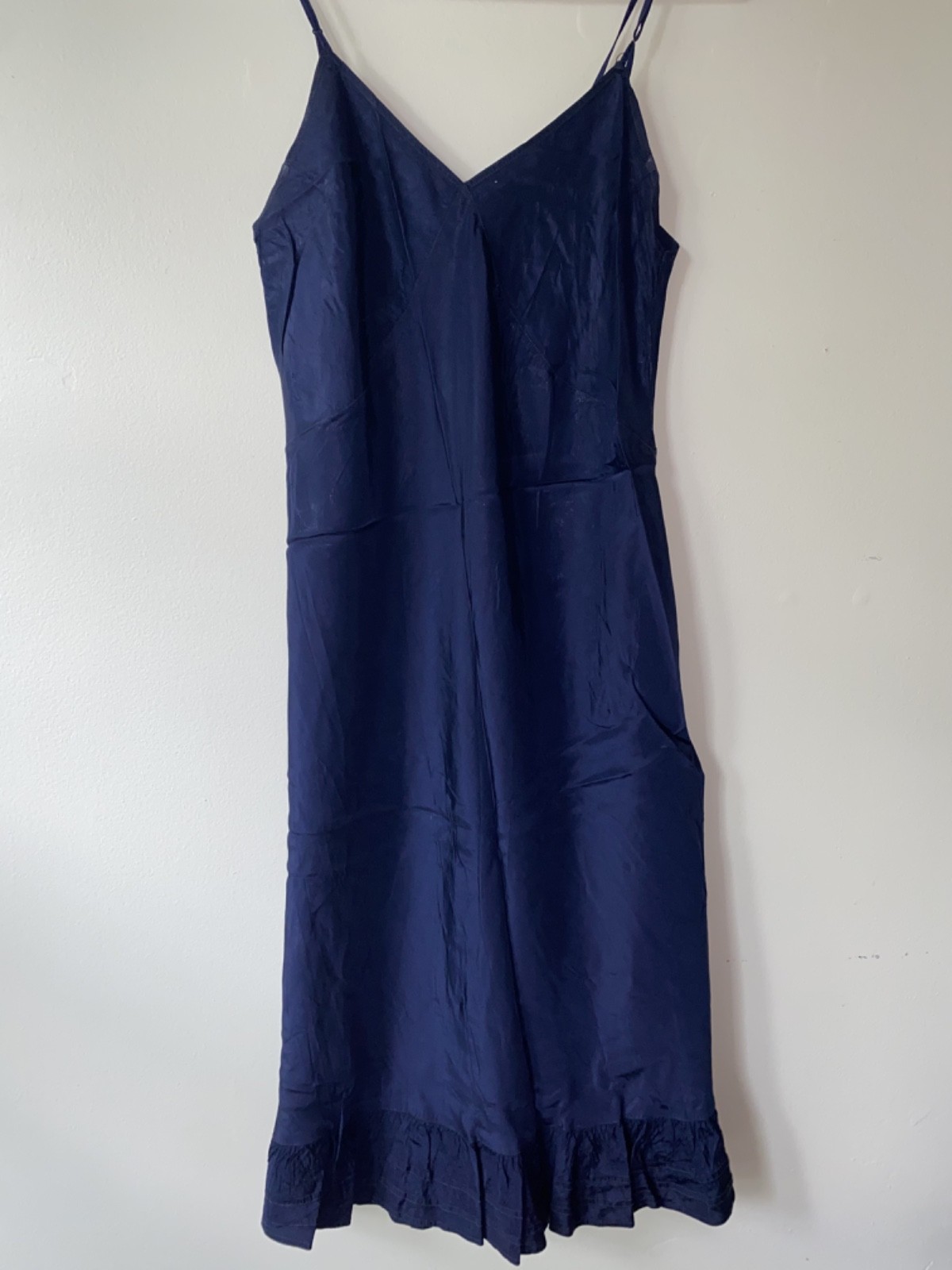Vintage 1940s, 1950s Women’s Dark Navy Blue Satin Slip Dress with Ruffle Detail