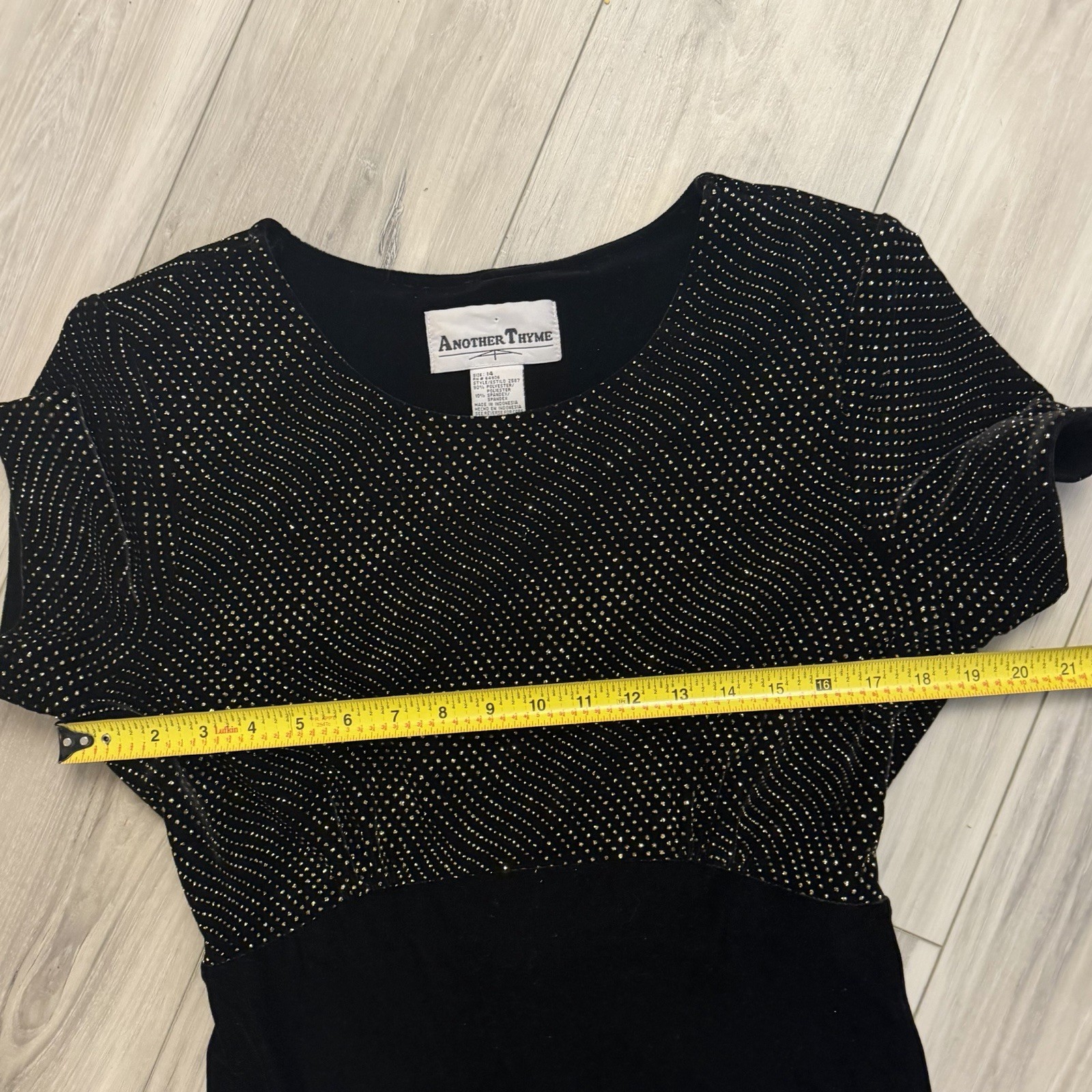 Vintage Another Thyme Black Velvet Maxi Dress Size 14 Gold Glitter Dots Tie Back