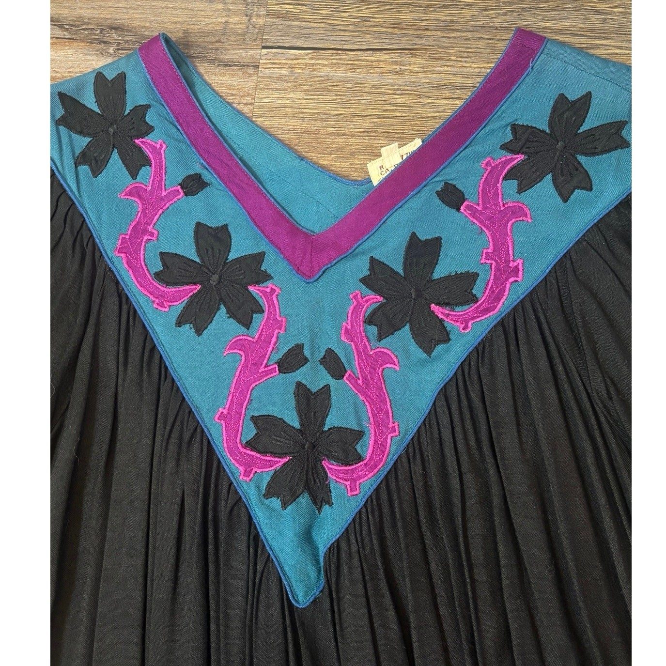 70s 80s vintage Kaftan dress black embroider neckline Papillon purple turquoise