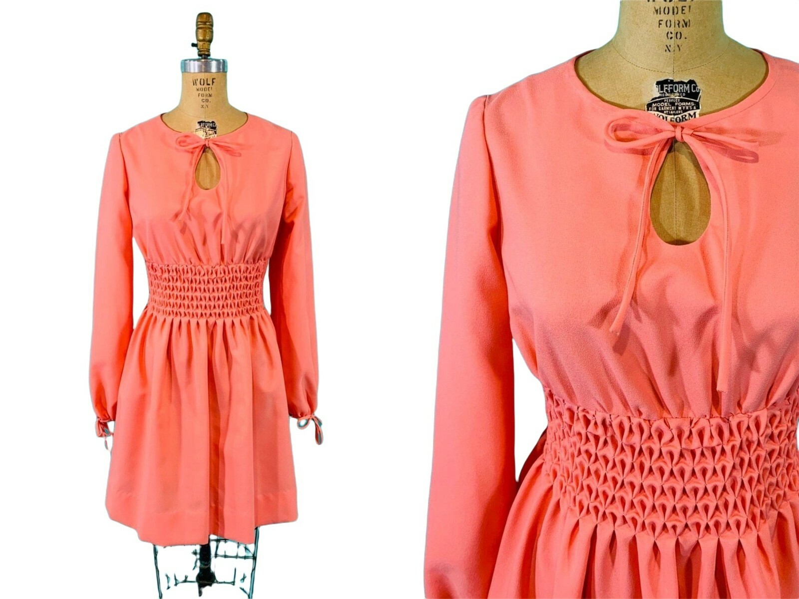 Vintage 1960s Peach Mini Dress Keyhole Shirred Waist W 30-34″