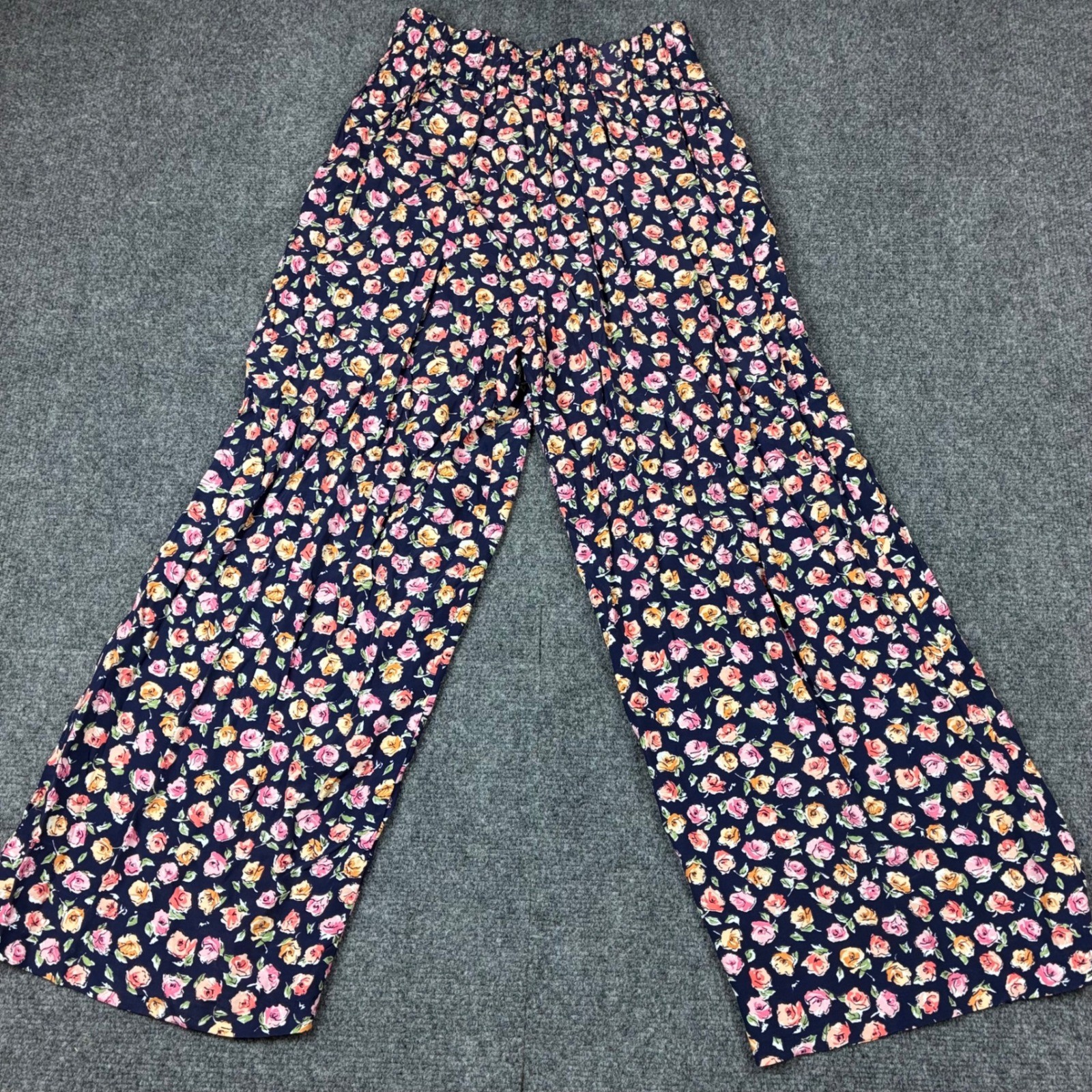Vintage Wrapper USA Floral Wide Leg Pants Navy Pink Orange Rose Print Medium NWT