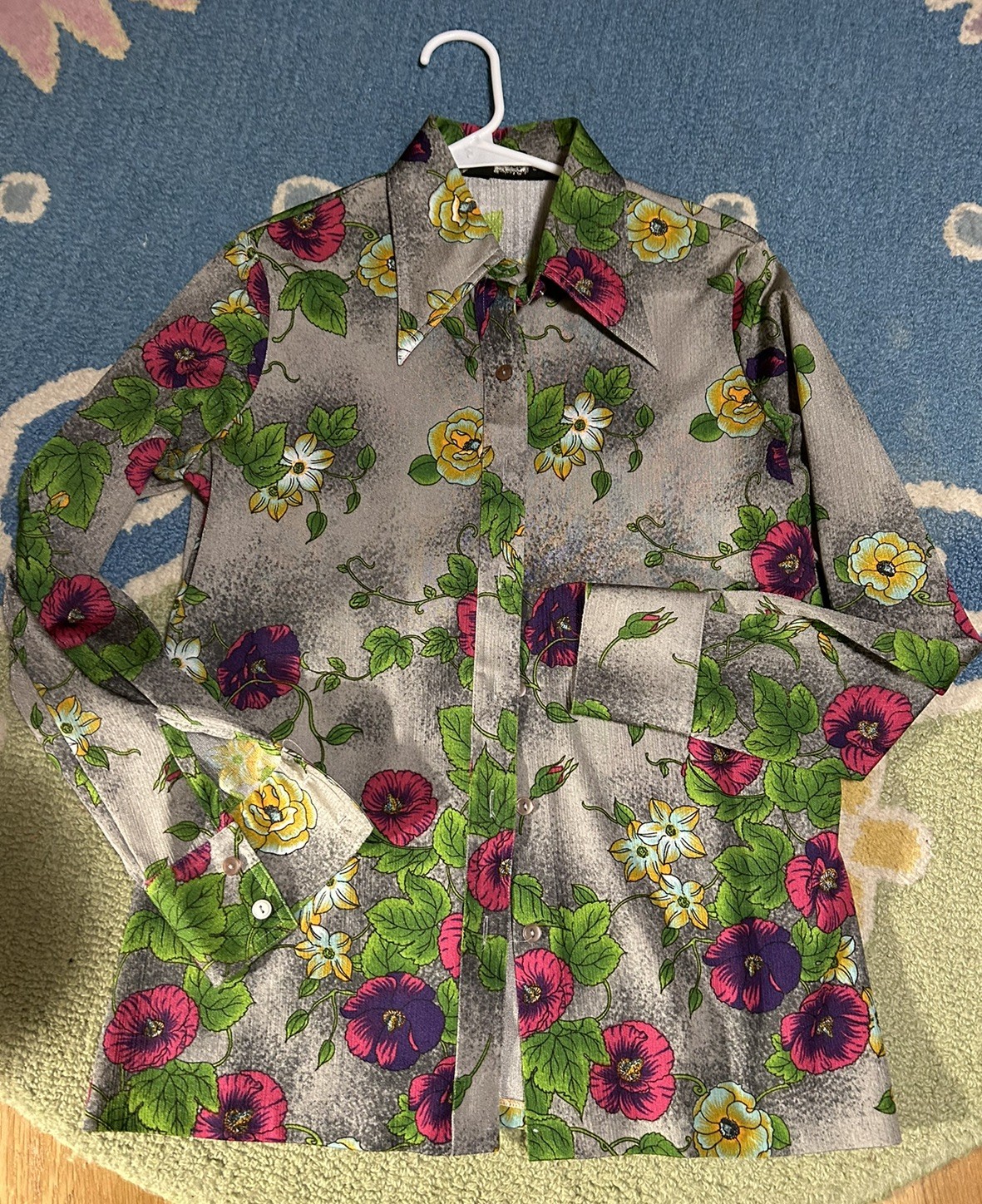 Vintage Lucky Pierre Button Down Shirt Gray Long Sleeve Mod Floral