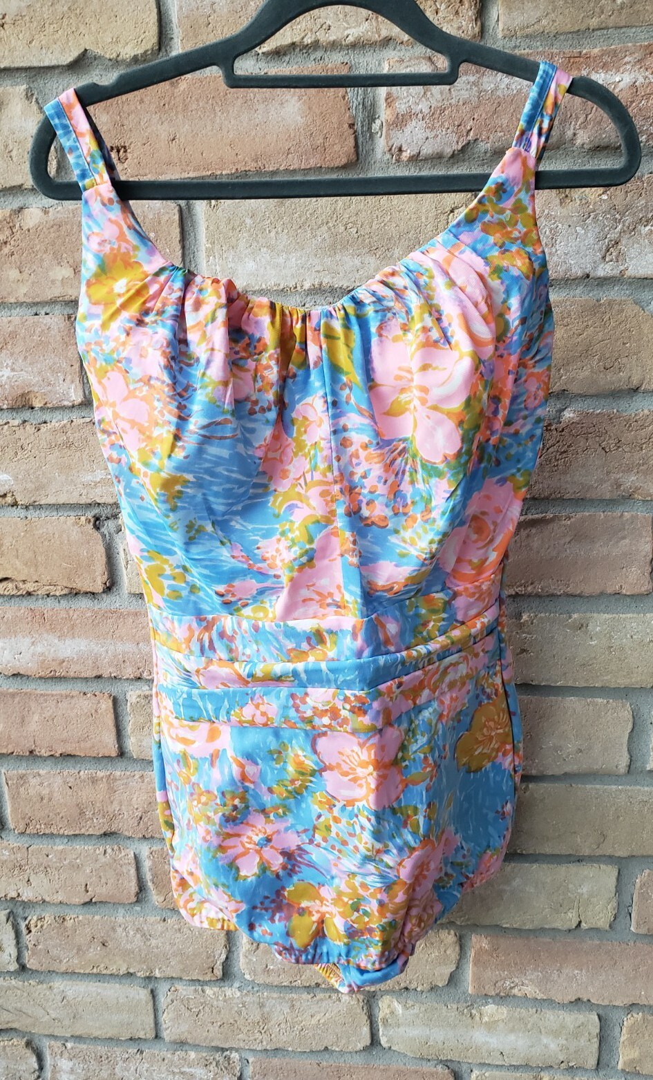 VTG 70s Roxanne Sz 16/38 D Cups One Piece Swimsuit Swimskirt Multicolor DAMAGED