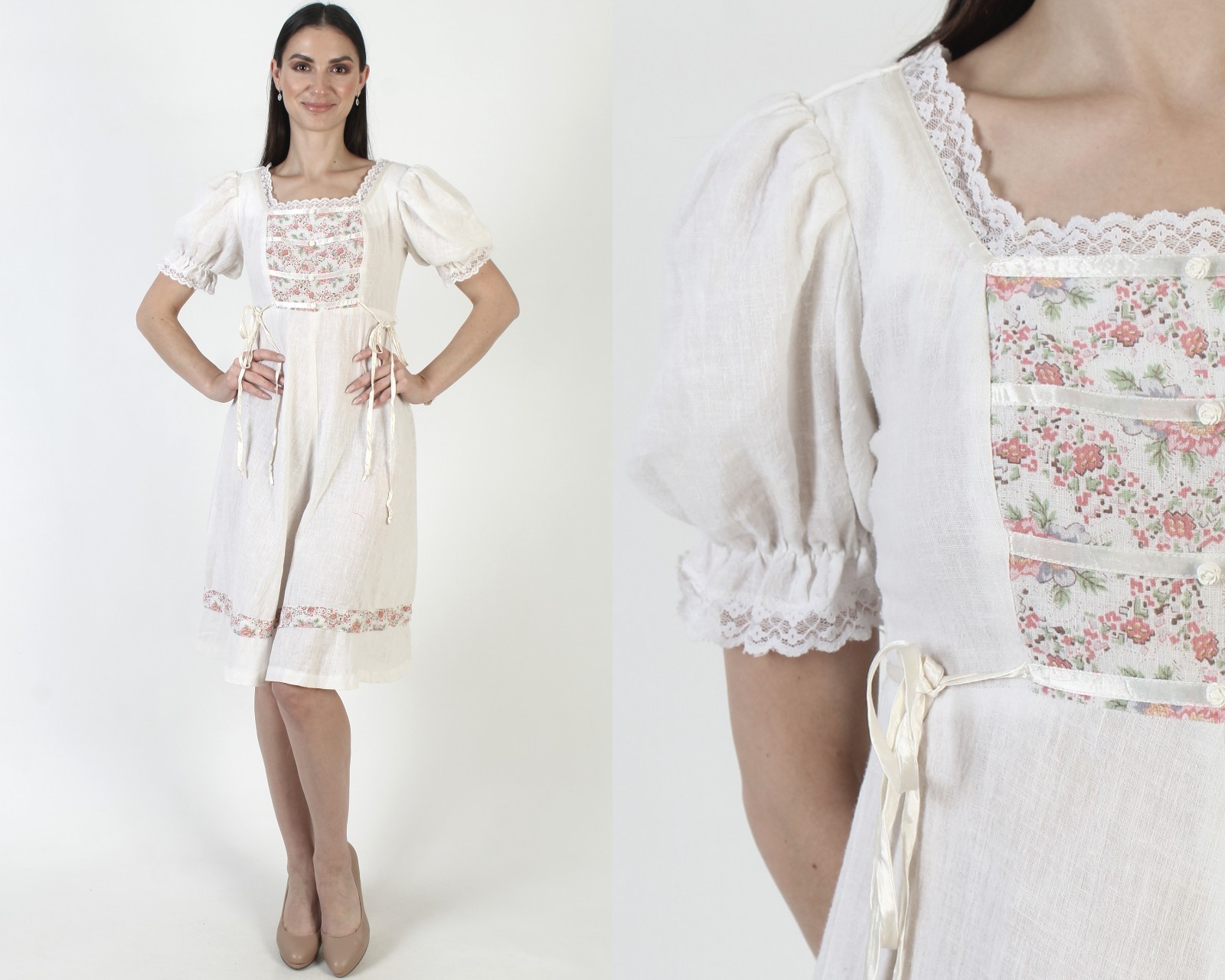 Vintage 70s White Cotton Prairie Dress Calico Romantic Boho Wedding Sundress 9