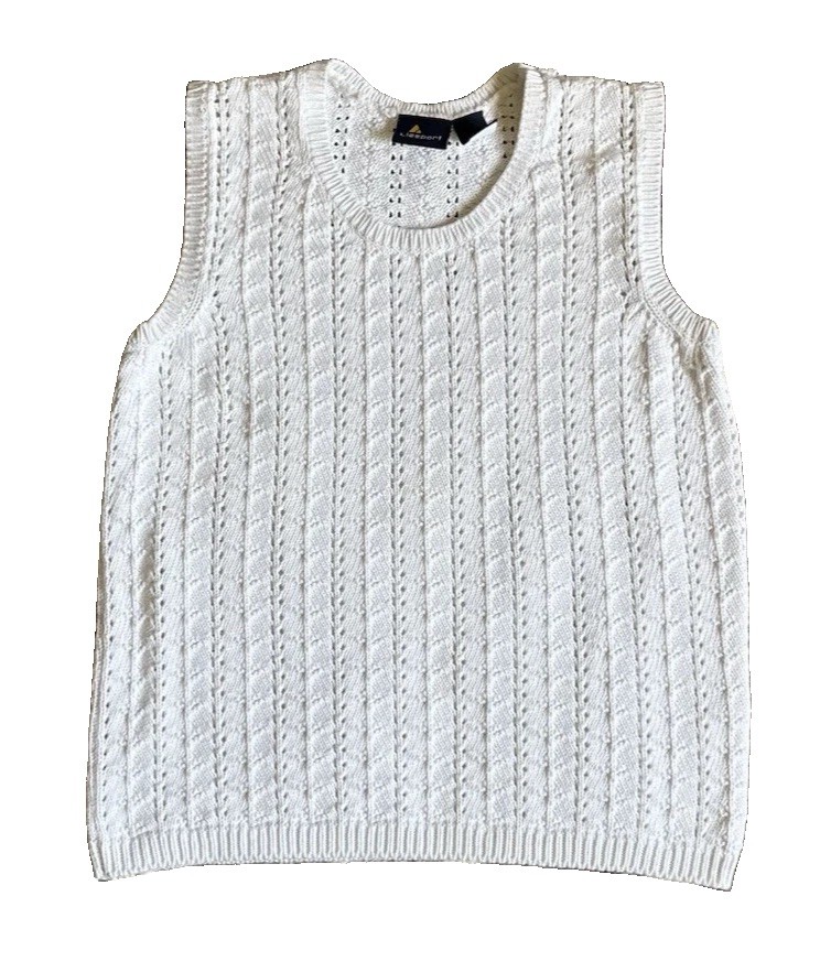 Vtg 90s LizSport Cable Knit Sweater Vest M White Pointelle Cotton Made in USA