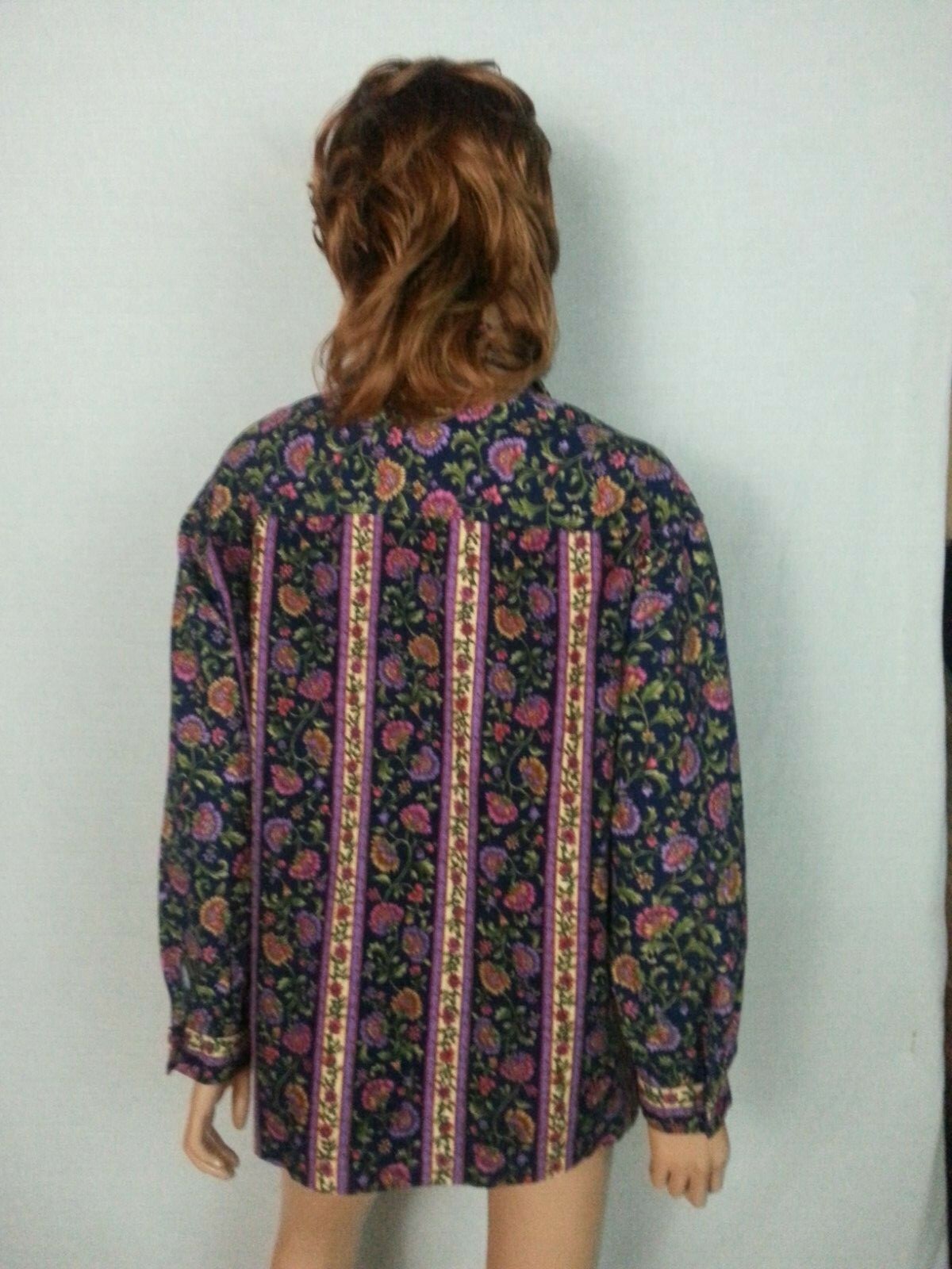 Vtg 70 80s Hand Made Blouse Top Button Down Blue Floral Long Sleeve Hippie L