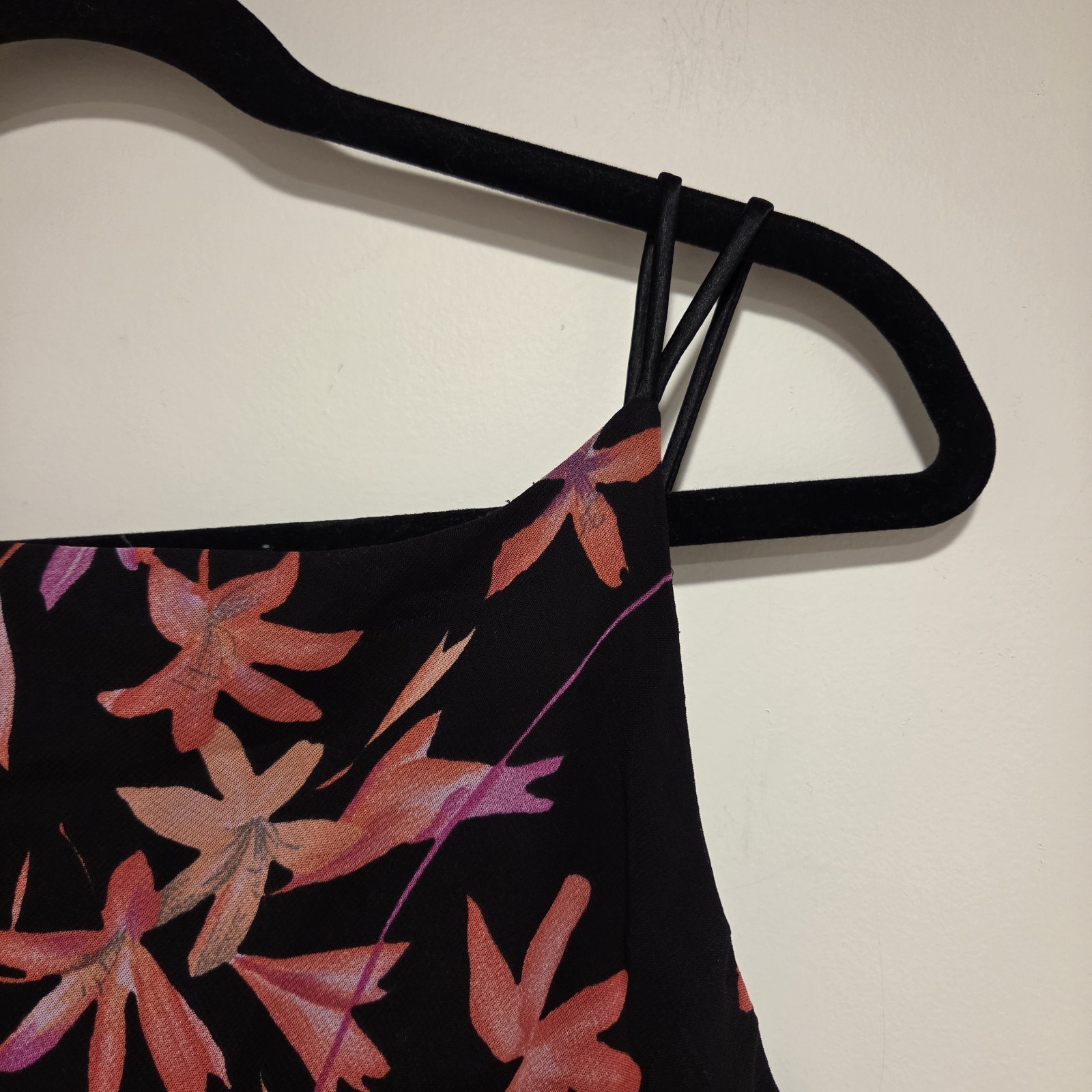 Vintage Y2K 90s Floral Dress 6 Spaghetti Strap Black Party Vacation Flutter Hem