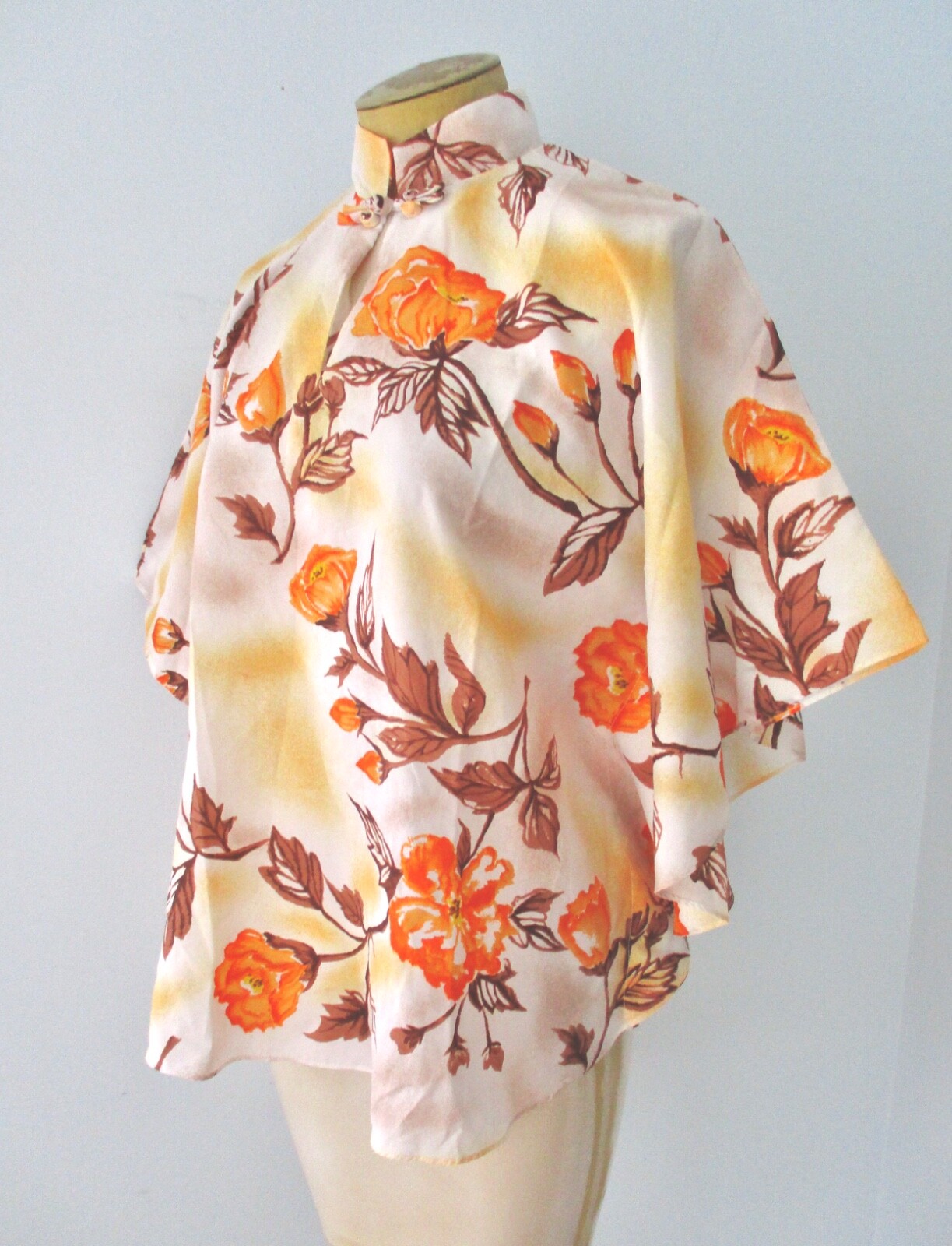 Vtg 60s 70s Hawaiian Palm Silky Poncho Cape Blouse Batwing Top Asian-Inspired M