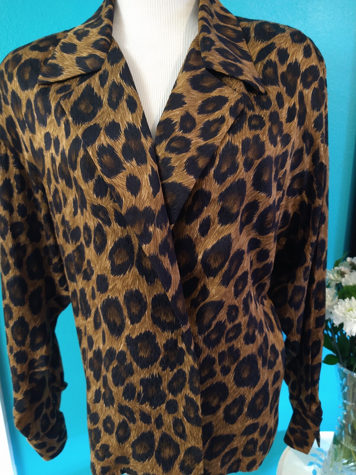 Vintage Anne Klein Silk Jacket 1980s Animal Print, Leopard Blazer Large