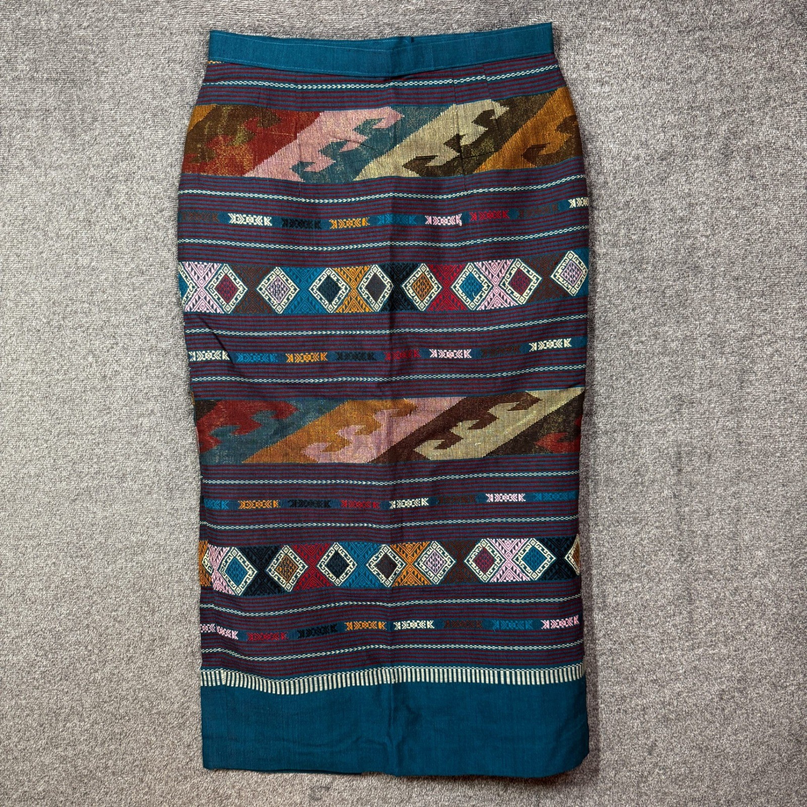 Vintage Woven Tribal Geometric Maxi Skirt Teal Multi Color Column Skirt Size 34