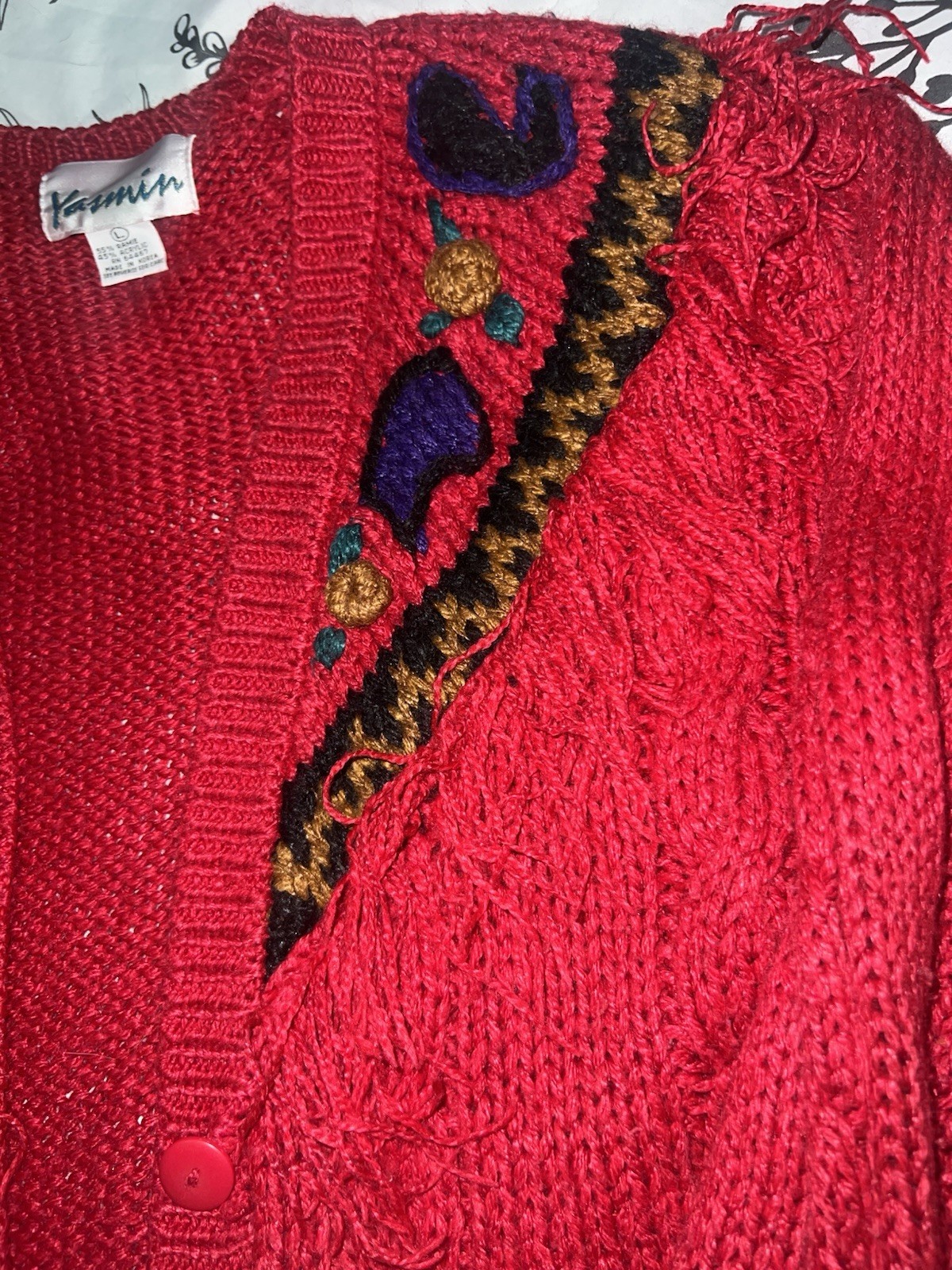 Vintage 80s Yasmin Fringe Ramie Cardigan Red Cable Knit Southwestern L