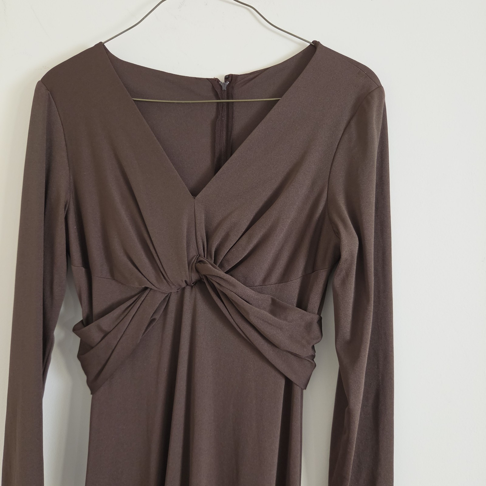Vtg Miss Elliette CA Chocolate Brown Maxi Dress Deep V Long Sleeve Size S