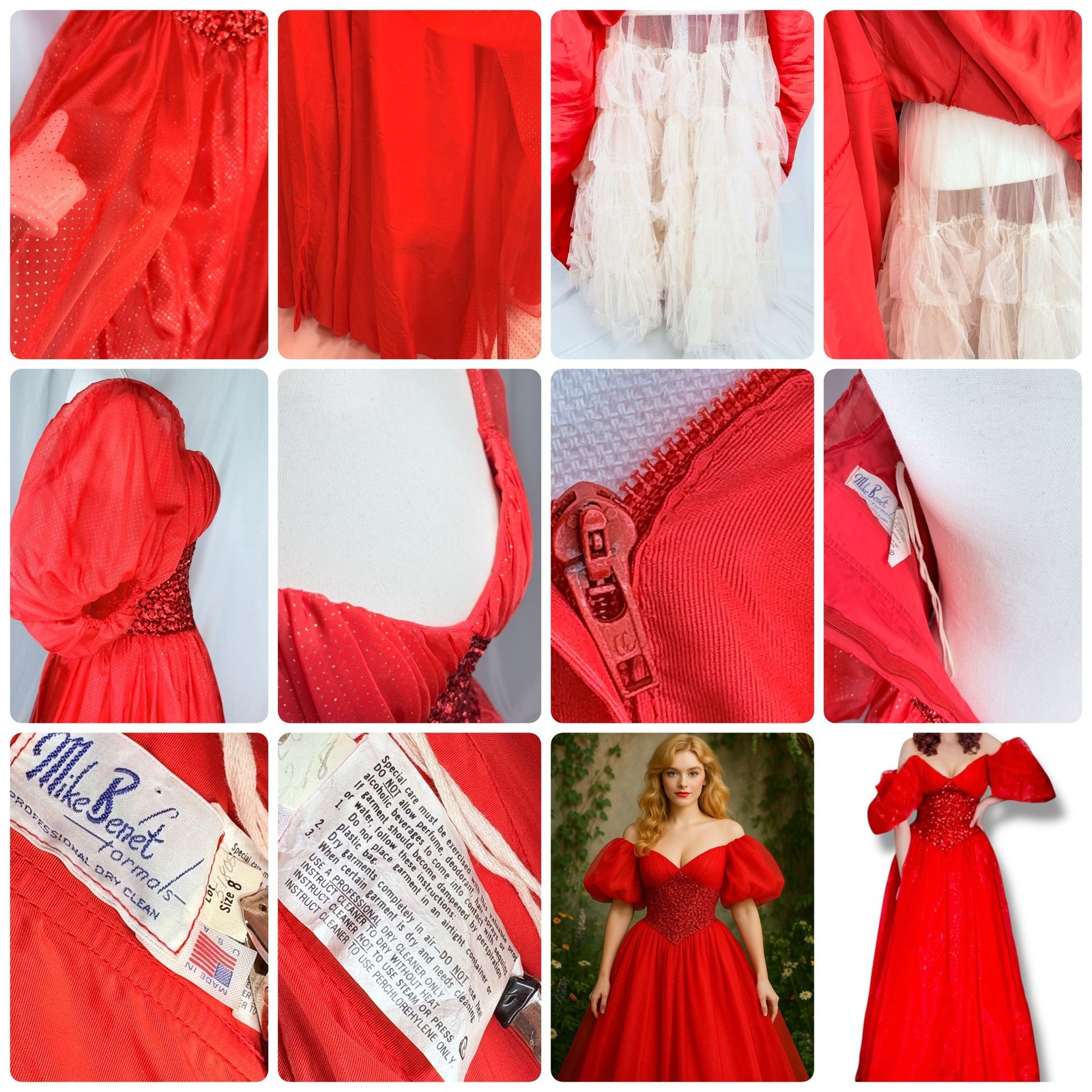 Vintage Mike Benet Red Off the Shoulder Ball Gown Style Gown Dress 8 / Small 25″