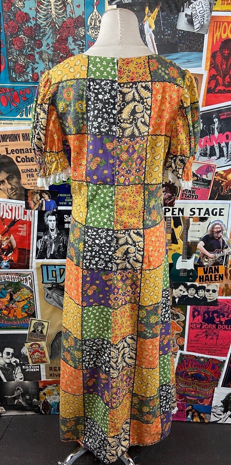 Vtg 70s Colorful Patchwork Print Puff Sleeve Maxi Boho Hippie Dress S/M Retro