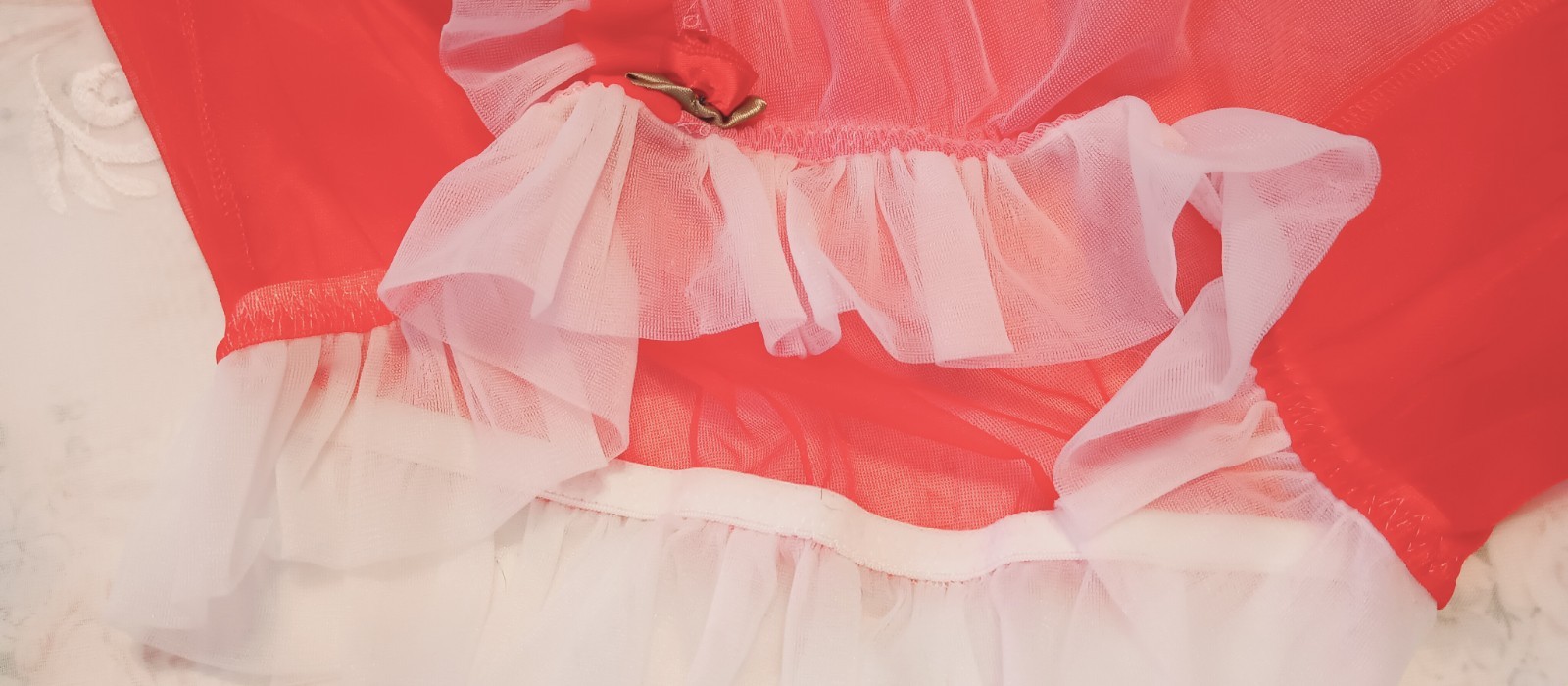 IRISH ROSE CUSTOM NYLON PANTY sz XL RED ANGEL SHEER w-WHITE RUFFLE -ROSES #AU609