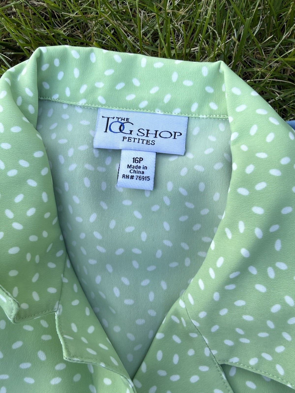 2 The Tog Shop Vtg Women’s 16 Petite 3/4 Button Up Polkadot Blouses. Green/Blue