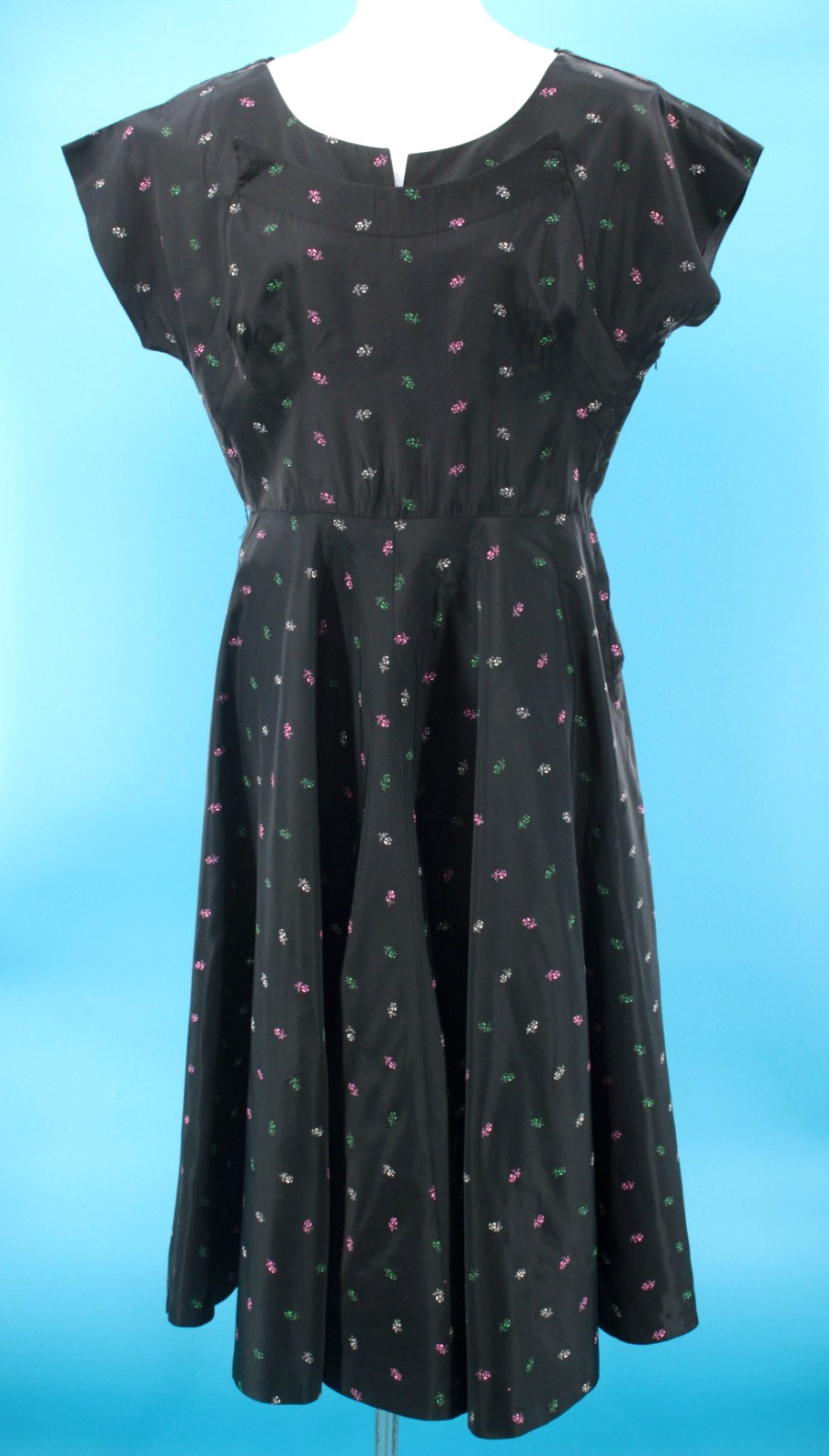 VTG Women’s 50s Black W/ Multi Color Floral Print Taffeta Swing Dress S/M 1950s