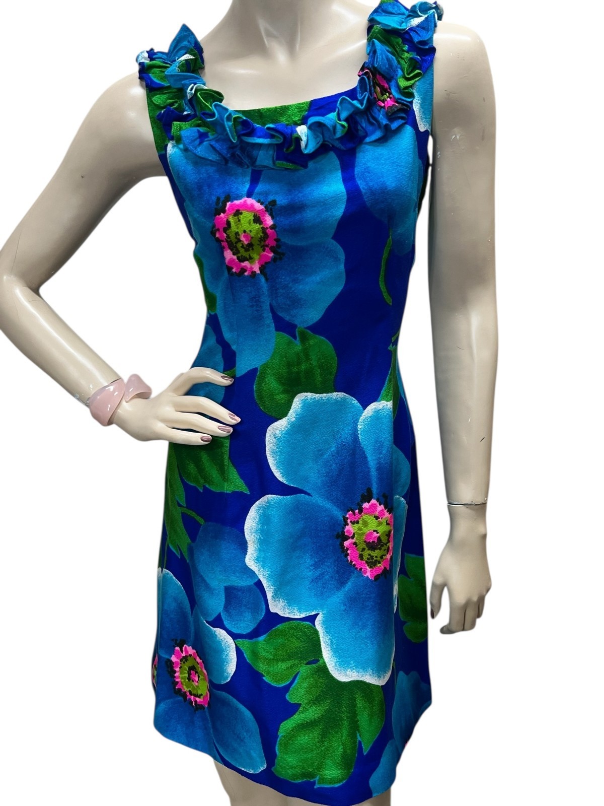 Vtg 70s Sz M Andrade Hawaiian MINI Dress Blue Floral BARKCLOTH Ruffle Neckline