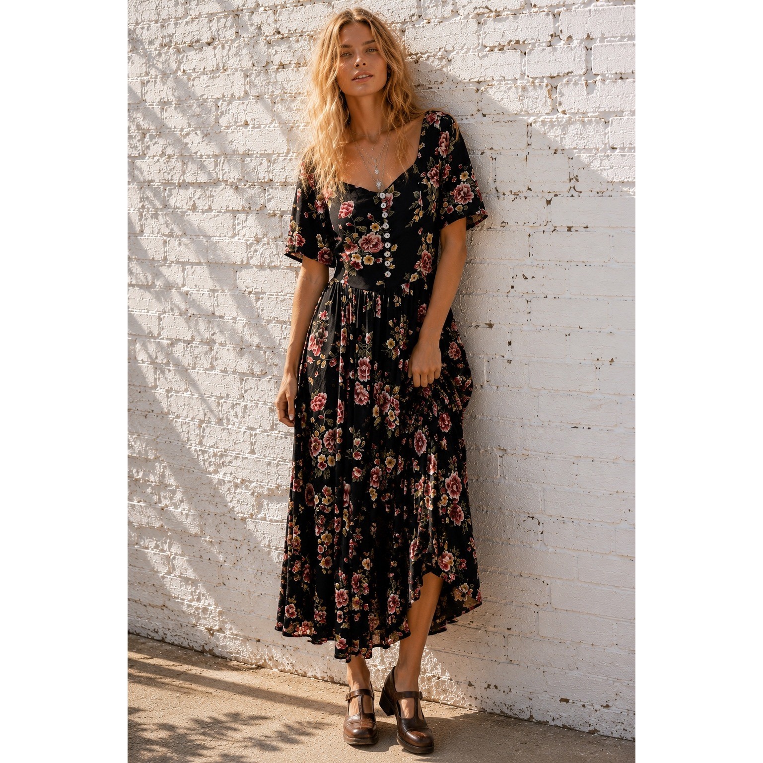 Vintage Erika & Co Black Rayon Dark Floral Maxi Dress Grunge Cottagecore XL