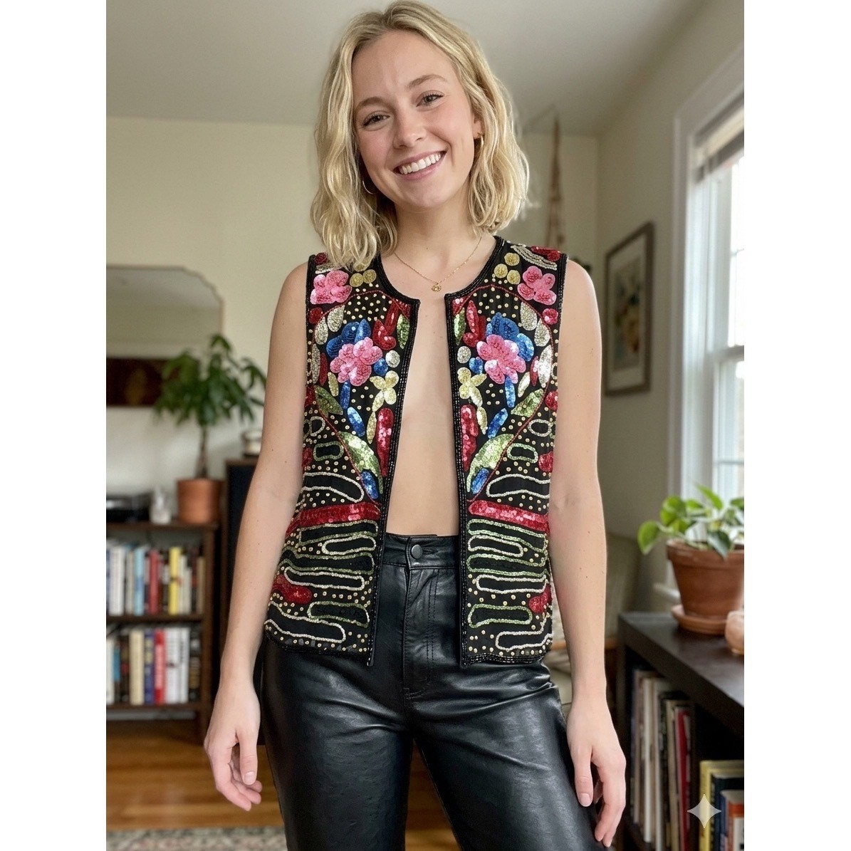 Vintage 80s Silk Beaded Sequin Vest Floral Heart Multicolor Black Size M L