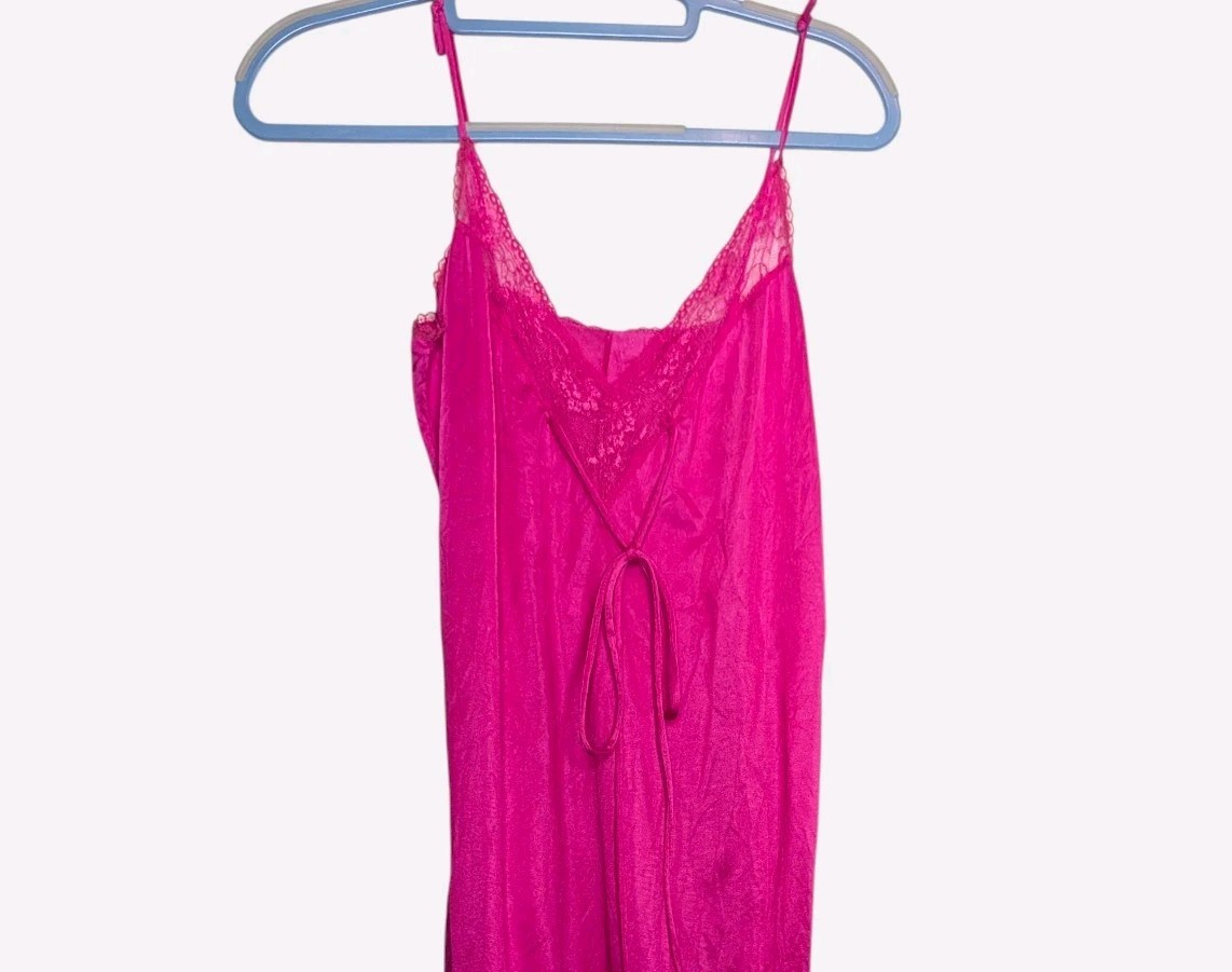 Vtg 90s Hot Pink Silky Lace Nylon Nightgown Glamorous Maxi Dress Lingerie M