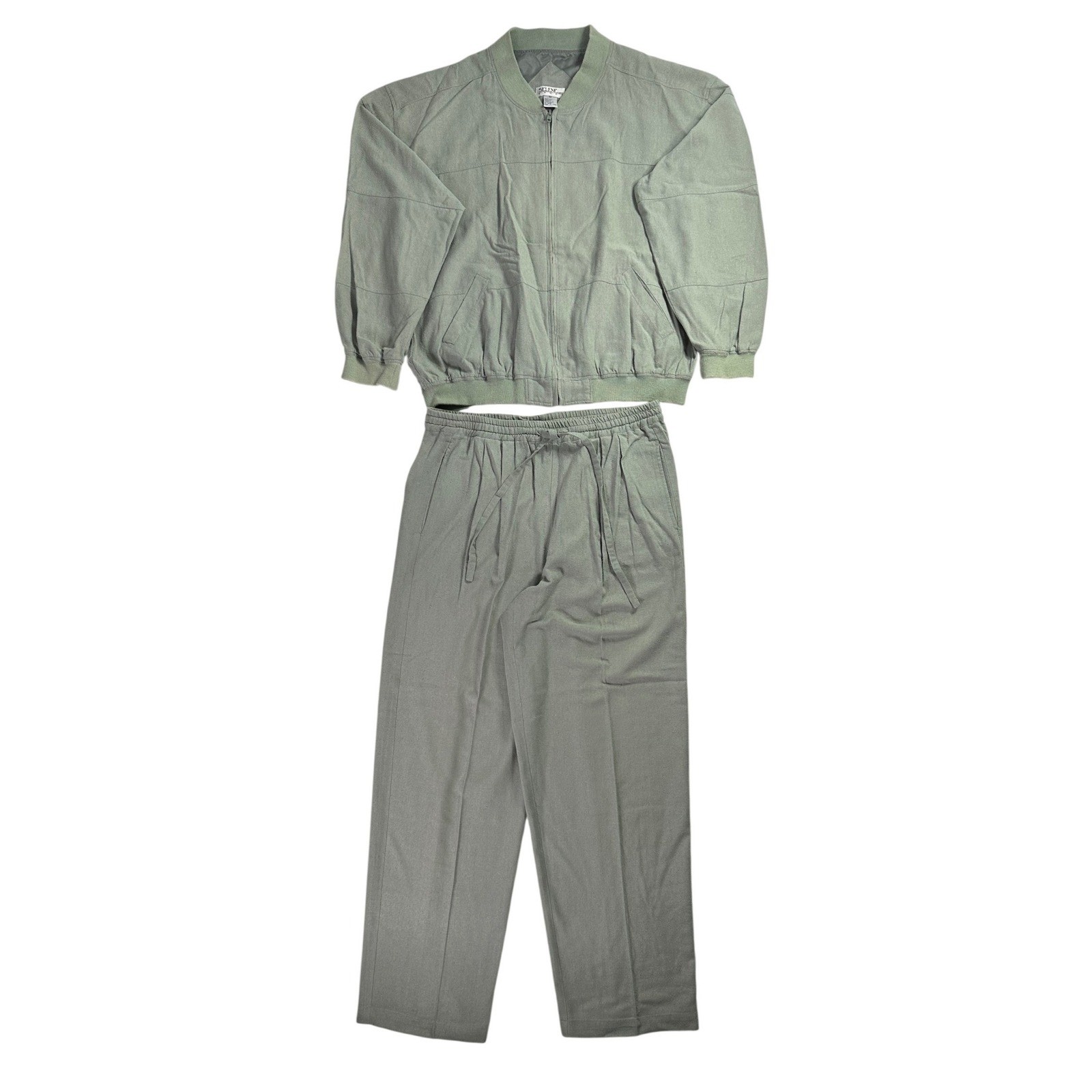 Selene Sport Sage Green 100% Silk 2-Piece Tracksuit Bomber Jacket Pants Set XL
