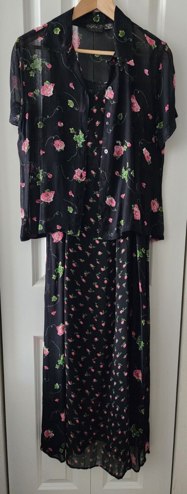 Vintage Lola P. Maxi Dress Black Multicolor Floral Textured Gauze- Size S