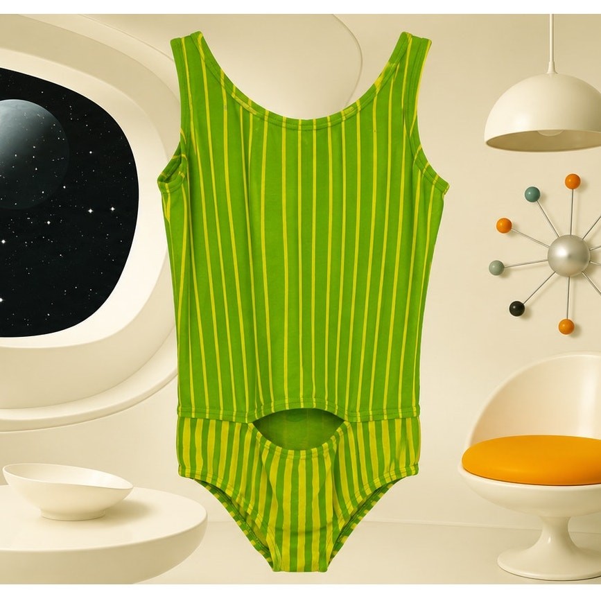 Vtg 1960s Rudi Gernreich Harmon Knitwear Cut Out Swimsuit Green Striped Size 14