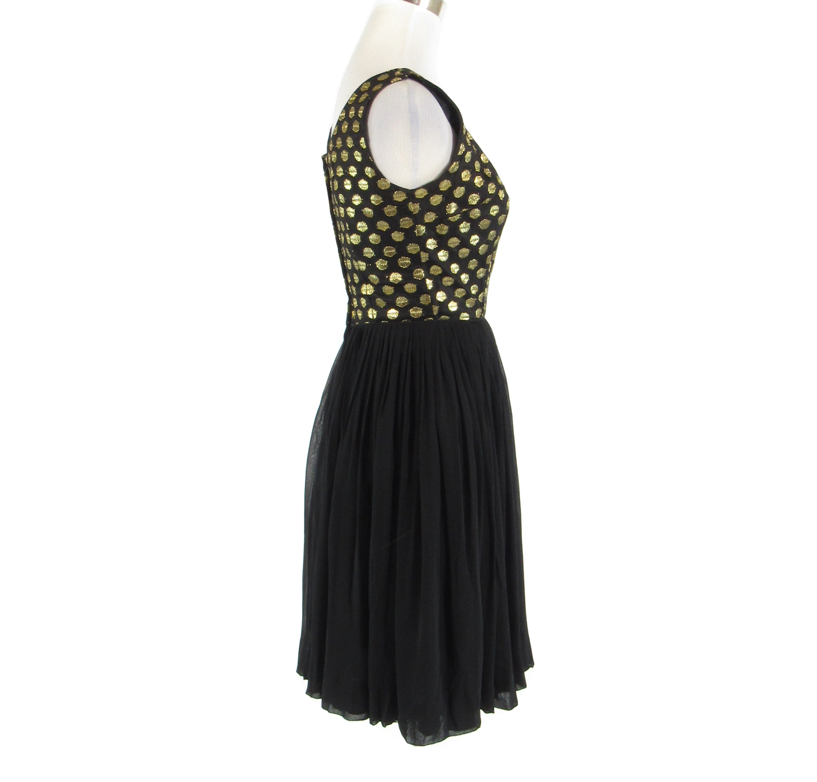 Black gold polka dot sheer overlay shimmery vintage dress 11 XS