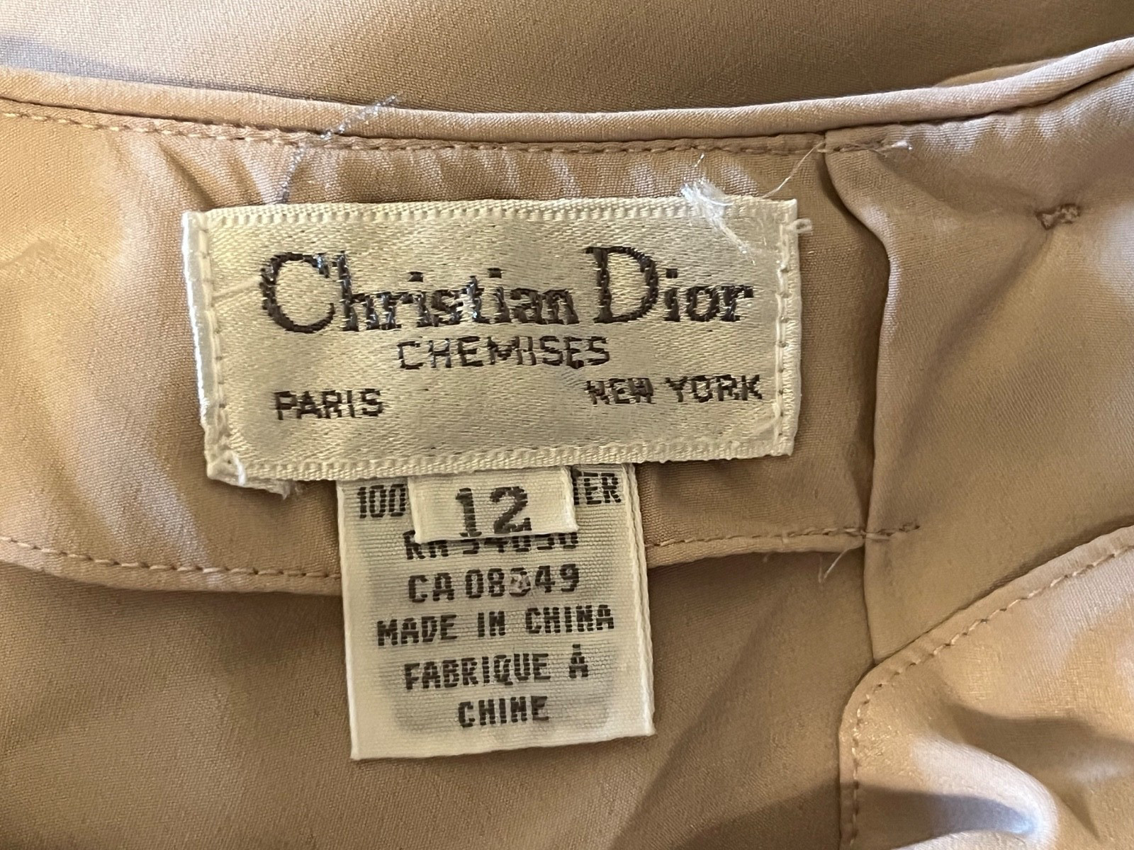 VINTAGE 70s CHRISTIAN DIOR BEIGE PLEATED BACK BUTTON BLOUSE SHIRT TOP WOMEN’S 12
