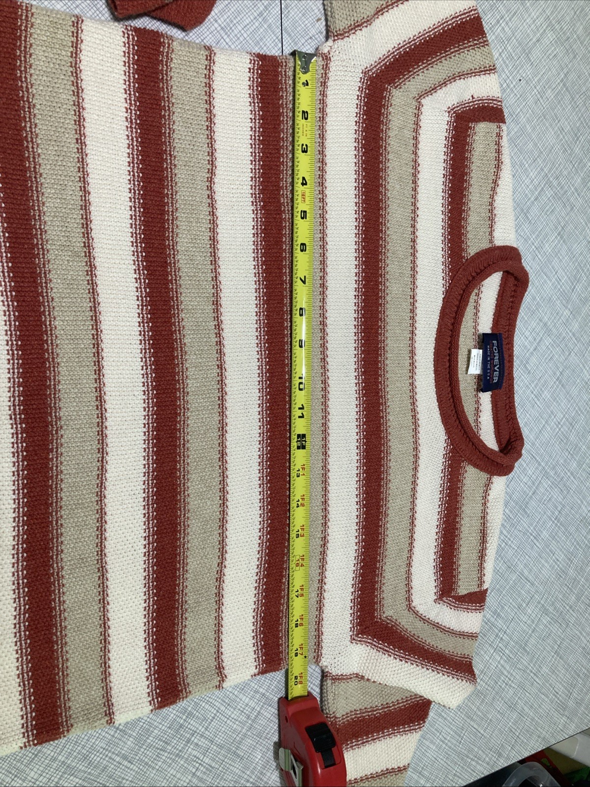 Vtg 90s Forever Creative Knit Striped Sweater Red Cream Cropped Cotton USA Indie