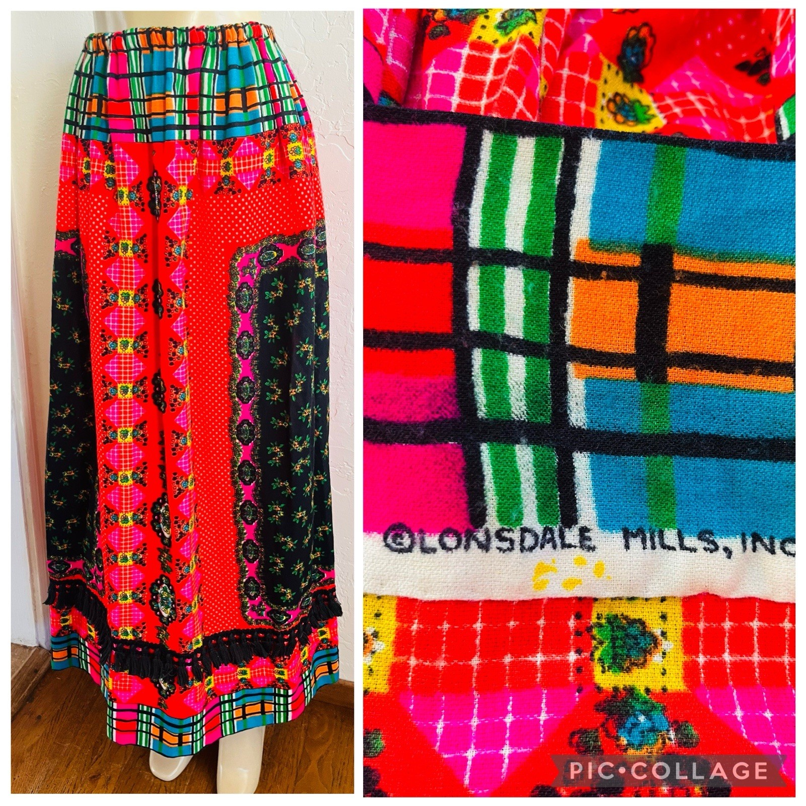 Vtg 1960s ‘70s Lonsdale Mills Jo Batrice Psychedelic Neon Bark Cloth Maxi Skirt