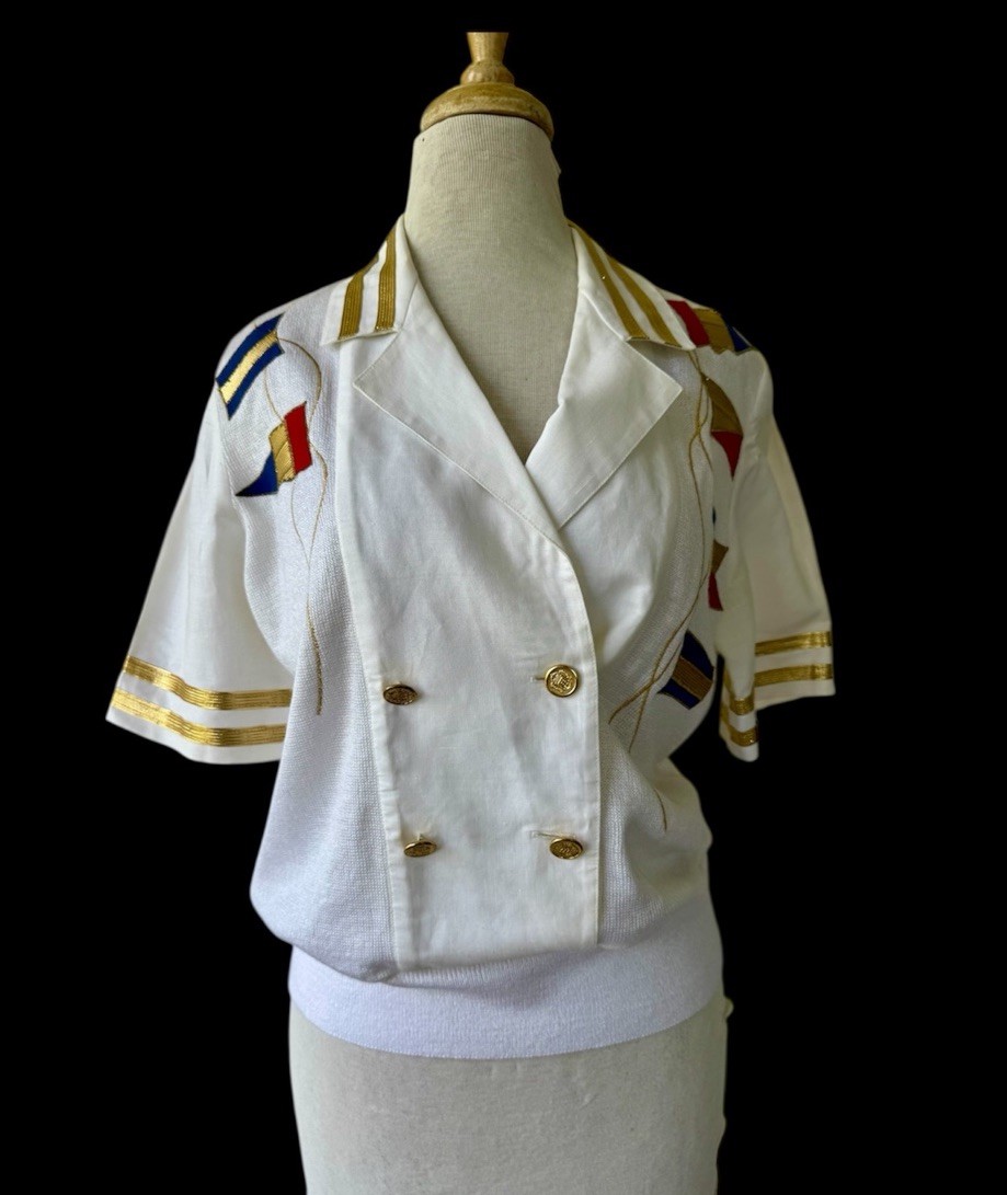 Vtg 80s Philippe Marques Linen Blend Button Top Sz 8 Nautical Applique Metallic