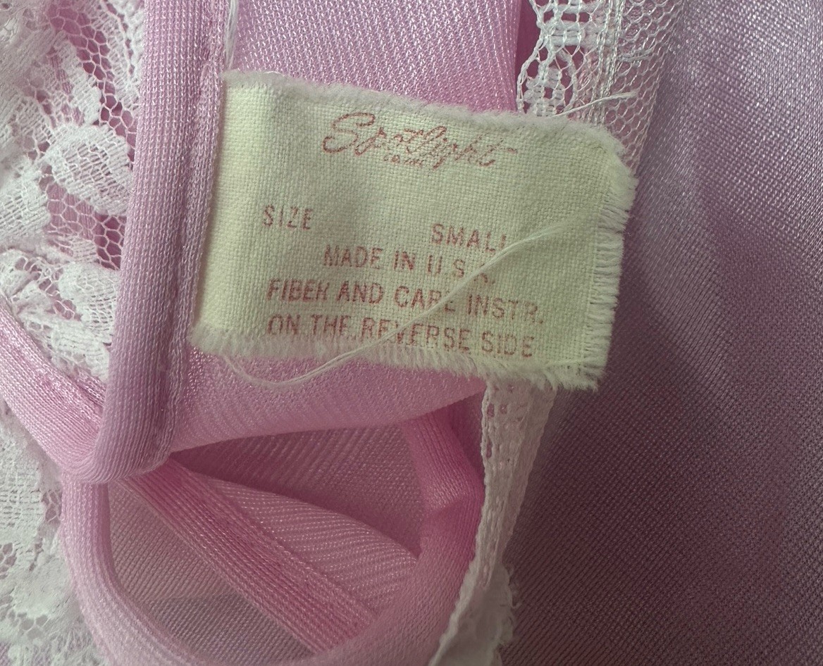 Vintage Spotlight Long Pink Lace Ruffle Nightgown Size Small Silky Nylon